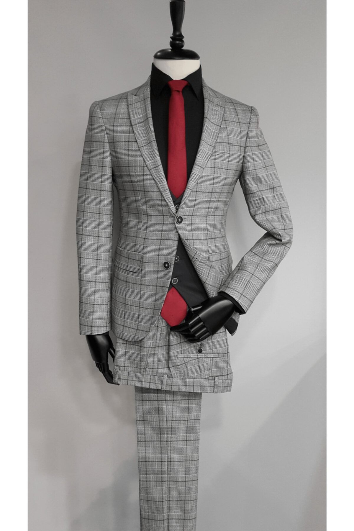 Comienzo Erkek Gri - Siyah Ekoseli Slim Fit Sivri Yaka Tek Yırtmaç Kombinli Takım Elbise