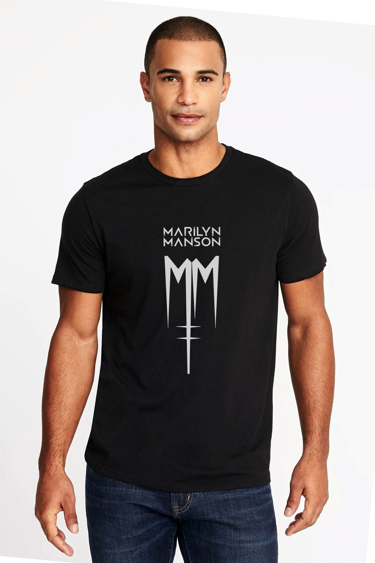 QIVI Marilyn Manson Mm Baskılı Siyah Erkek Örme Tshirt