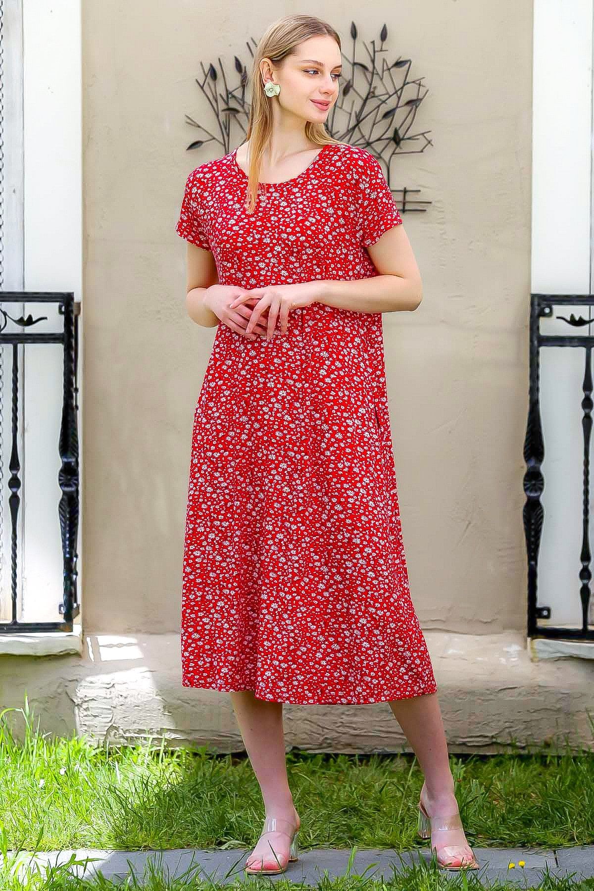 Chiccy Kadın Kırmızı Çıtır Çiçek Desenli Gizli Cepli Elbise M10160000EL95013