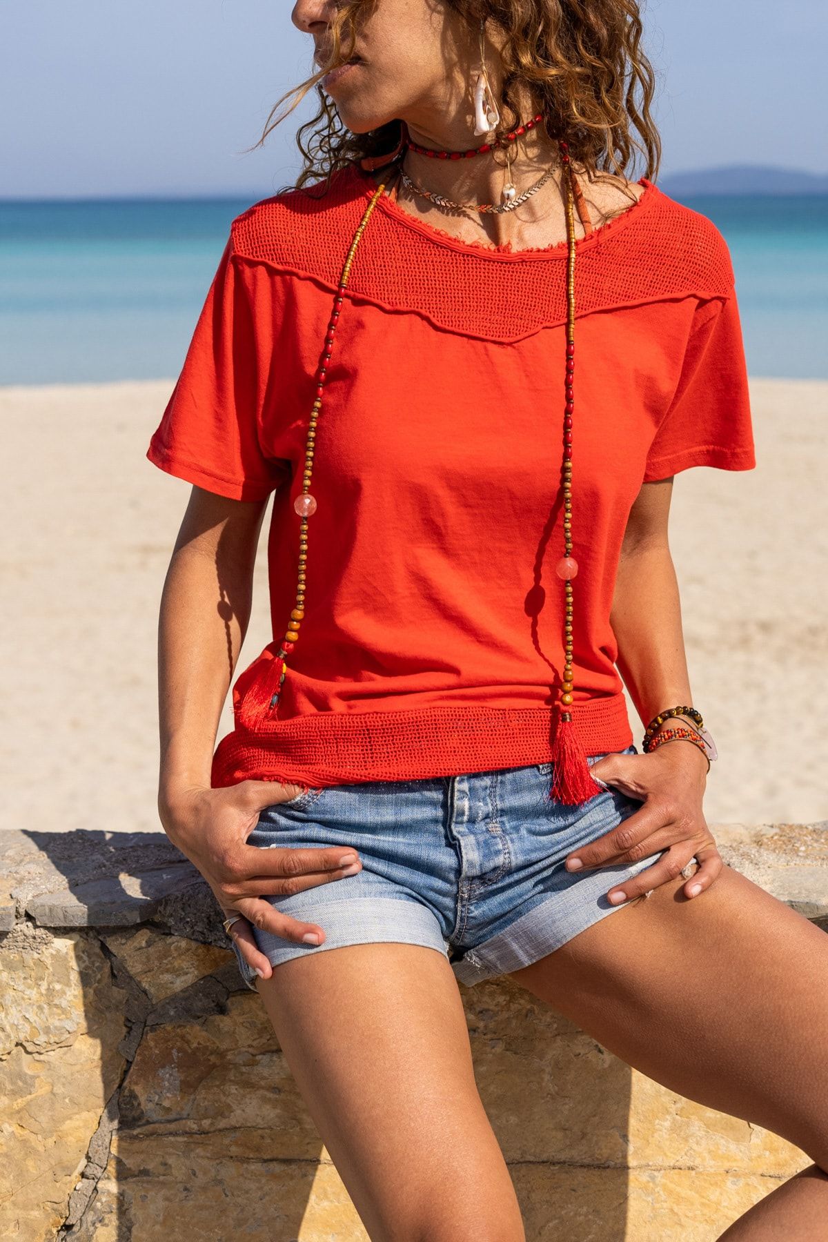 Güneşkızı Kadın Kırmızı Yıkamalı Eteği Ve Omzu Fileli Yumuşak Dokulu Salaş T-Shirt GK-RSD2063