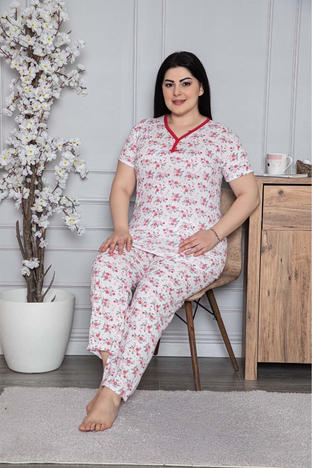 ALTEKS MAĞAZALARI Kadın Kırmızı Anne Battal V Yaka Kısa Kollu Pijama Takımı