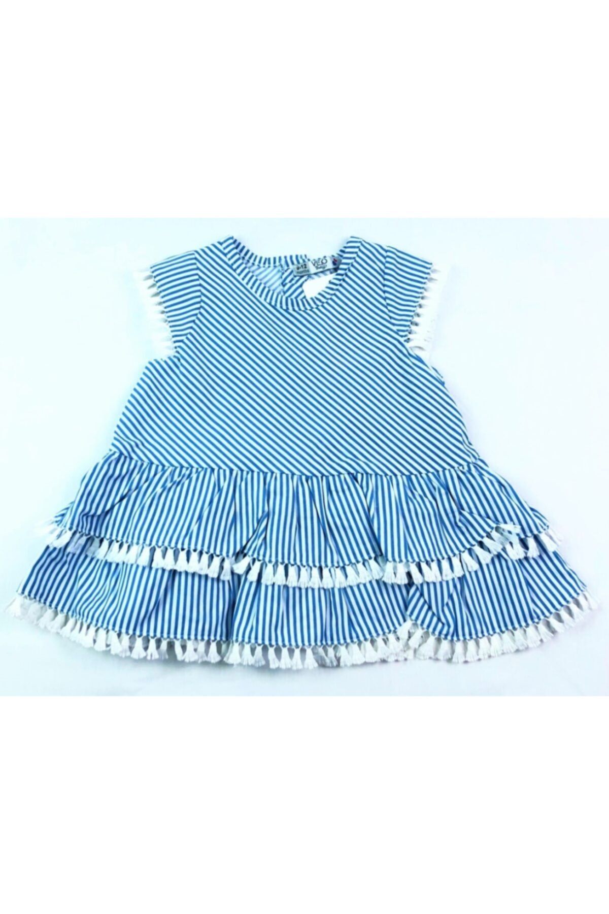 Veo Baby Kız Bebek Neon Mavi Çizgili Fırfırlı Elbise