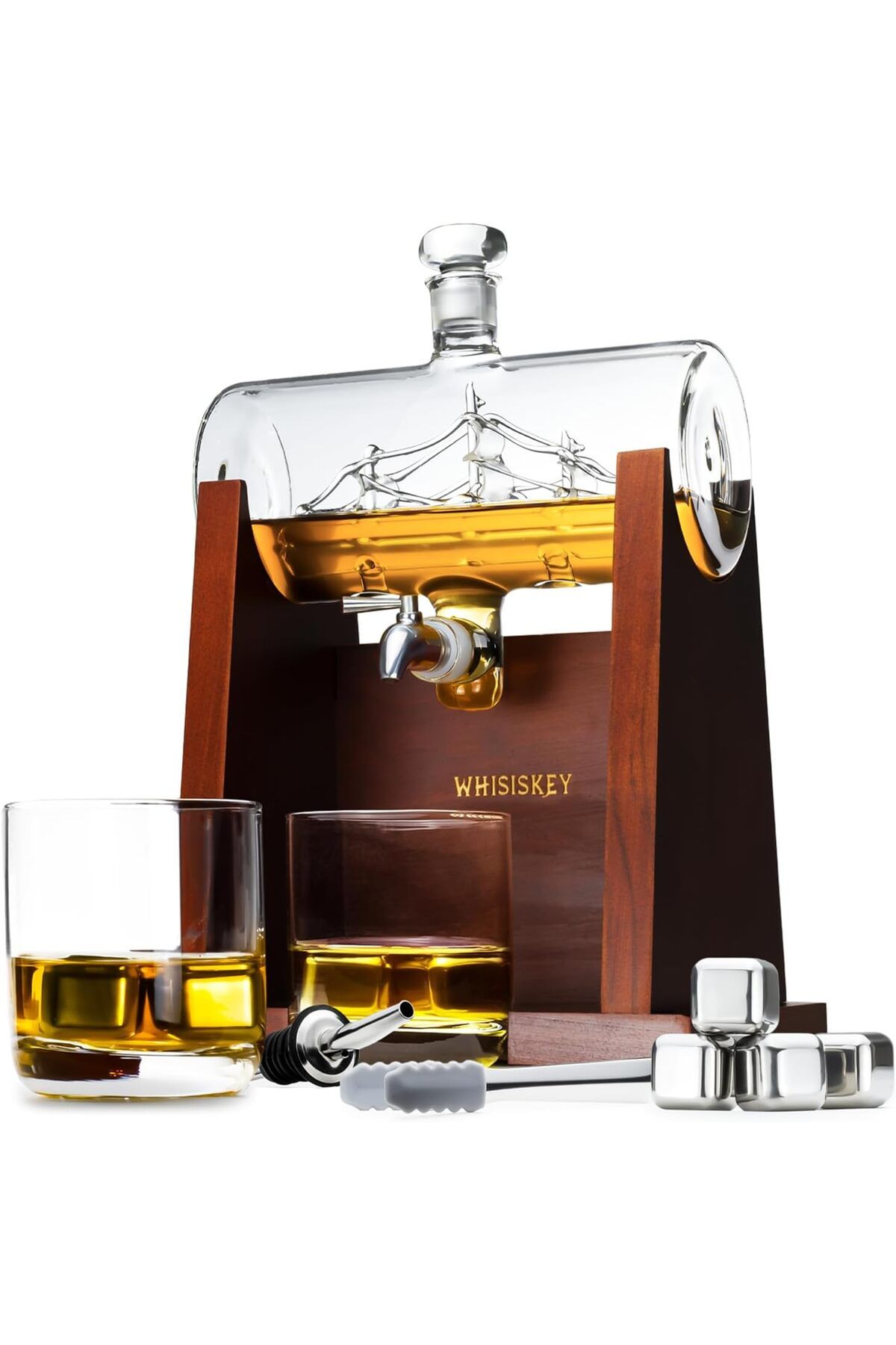 Whisiskey lüks viski sürahi seti, 4 viski taşı, dökme ağzı, musluk ve 2 viski bardağı 1L