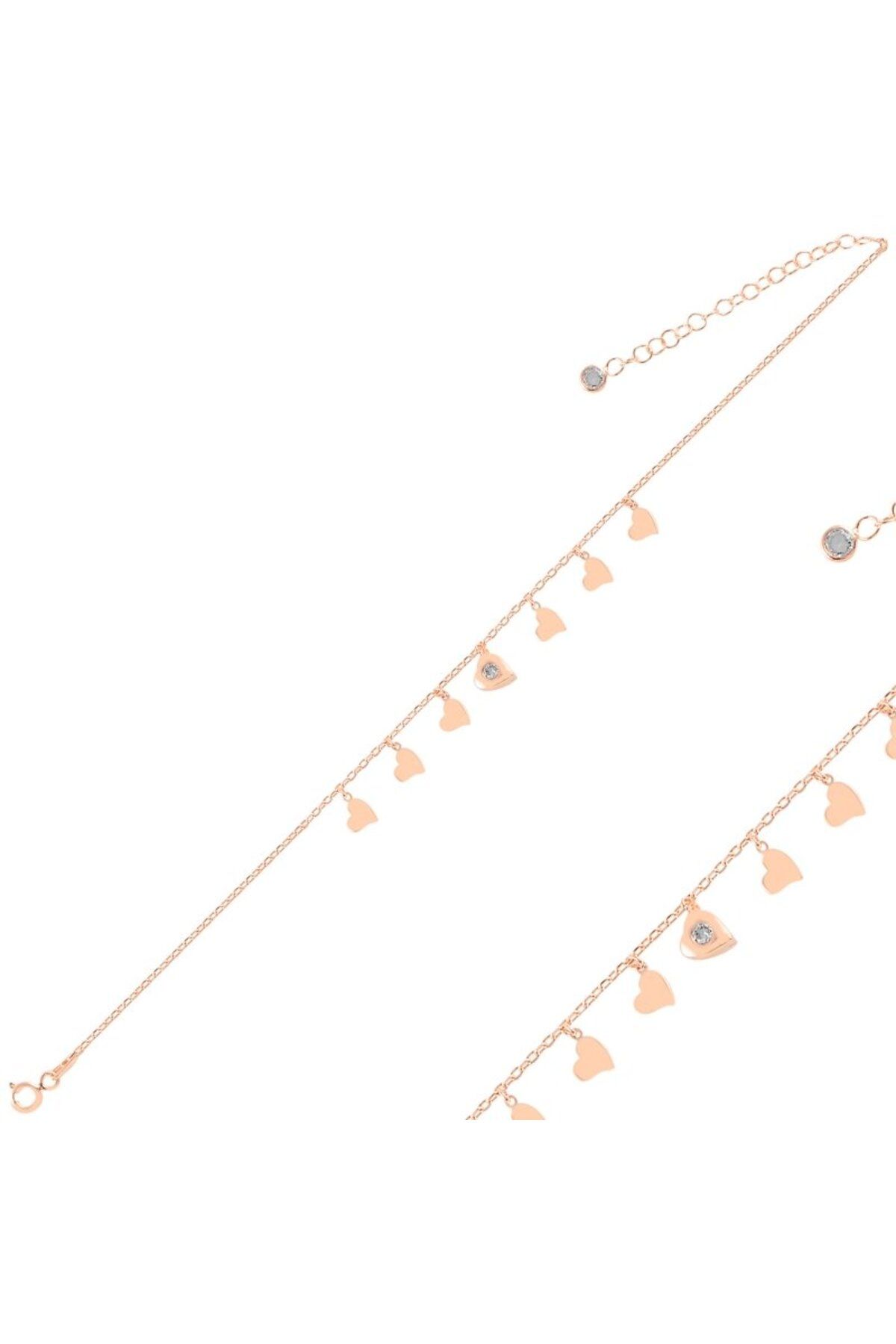 Teta Collection 925 Ayar Gümüş Kalp Dangle Zirkon Taşlı Charm Bileklik-Rose Altın kaplama