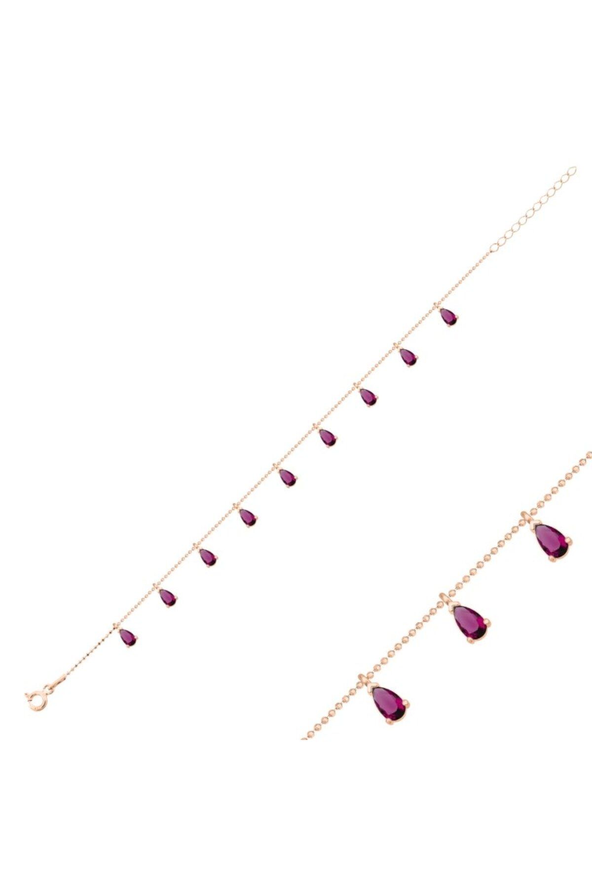 Teta Collection 925 Ayar Gümüş Gözyaşı Ruby Zirkon Taşlı Dangle Charm Bileklik-Rose Altın kaplama