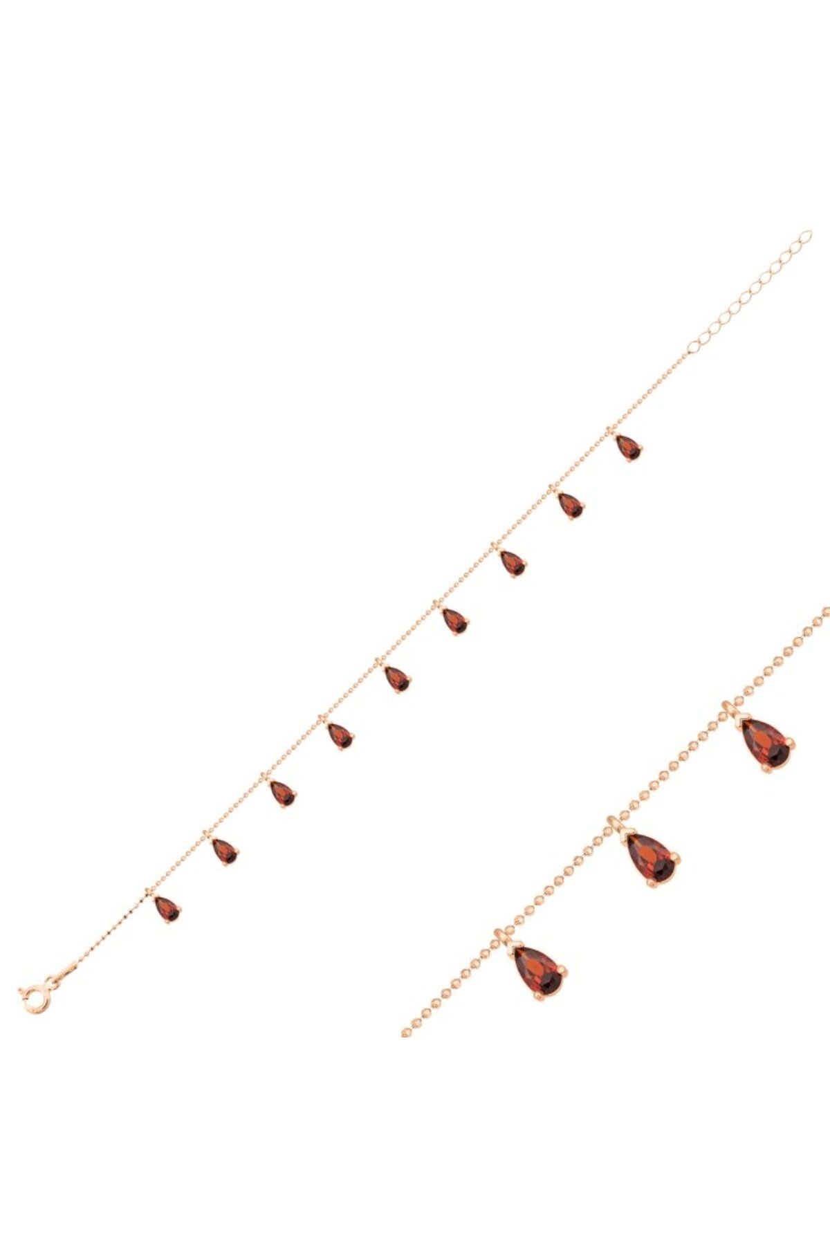 Teta Collection 925 Ayar Gümüş Gözyaşı Garnet Zirkon Taşlı Dangle Charm Bileklik-Rose Altın kaplama
