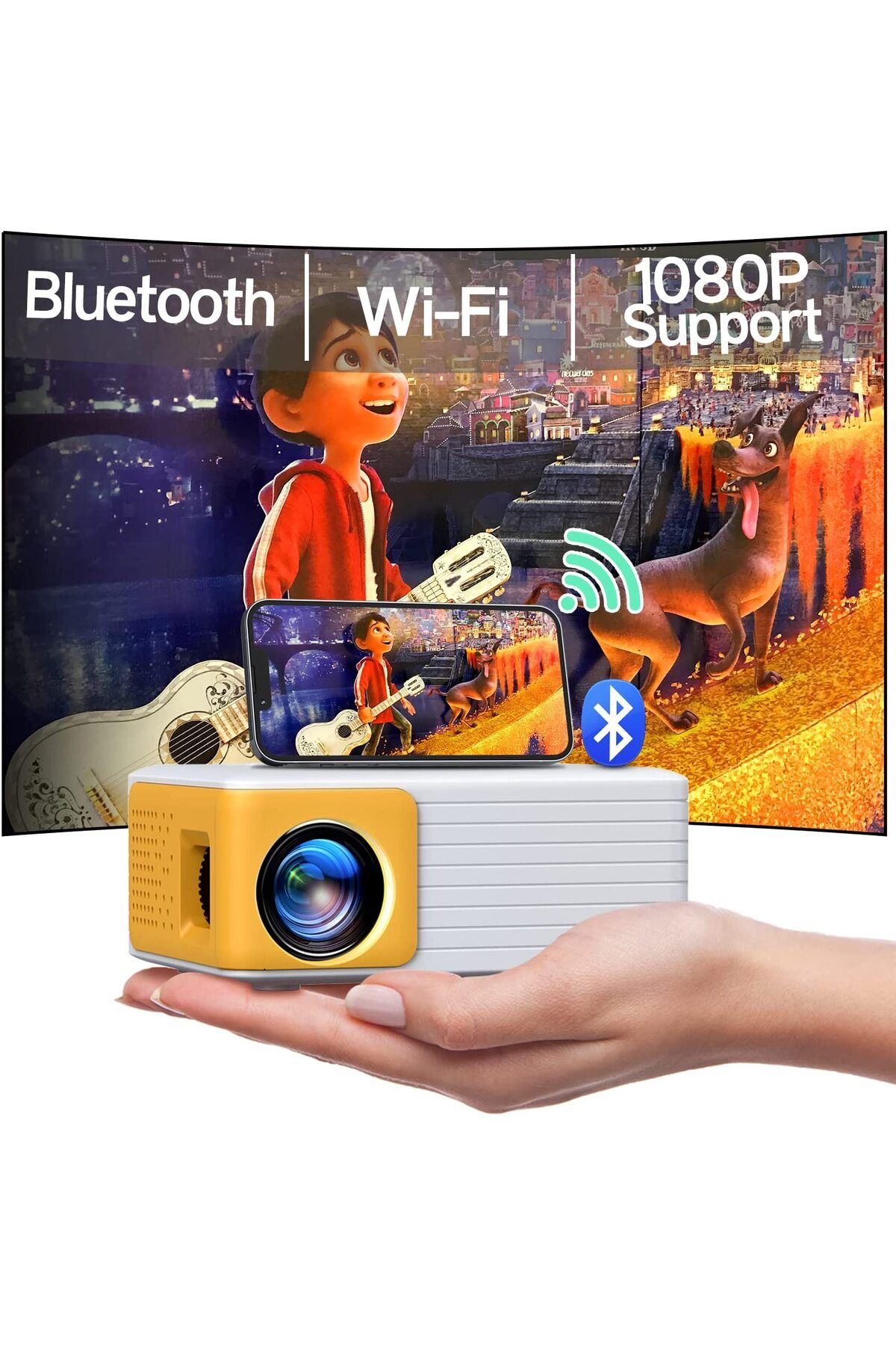 YOTON Mini Projektör Bluetooth WiFi, Video Telefon Projektörü Full HD 1080P, Ev Sineması için
