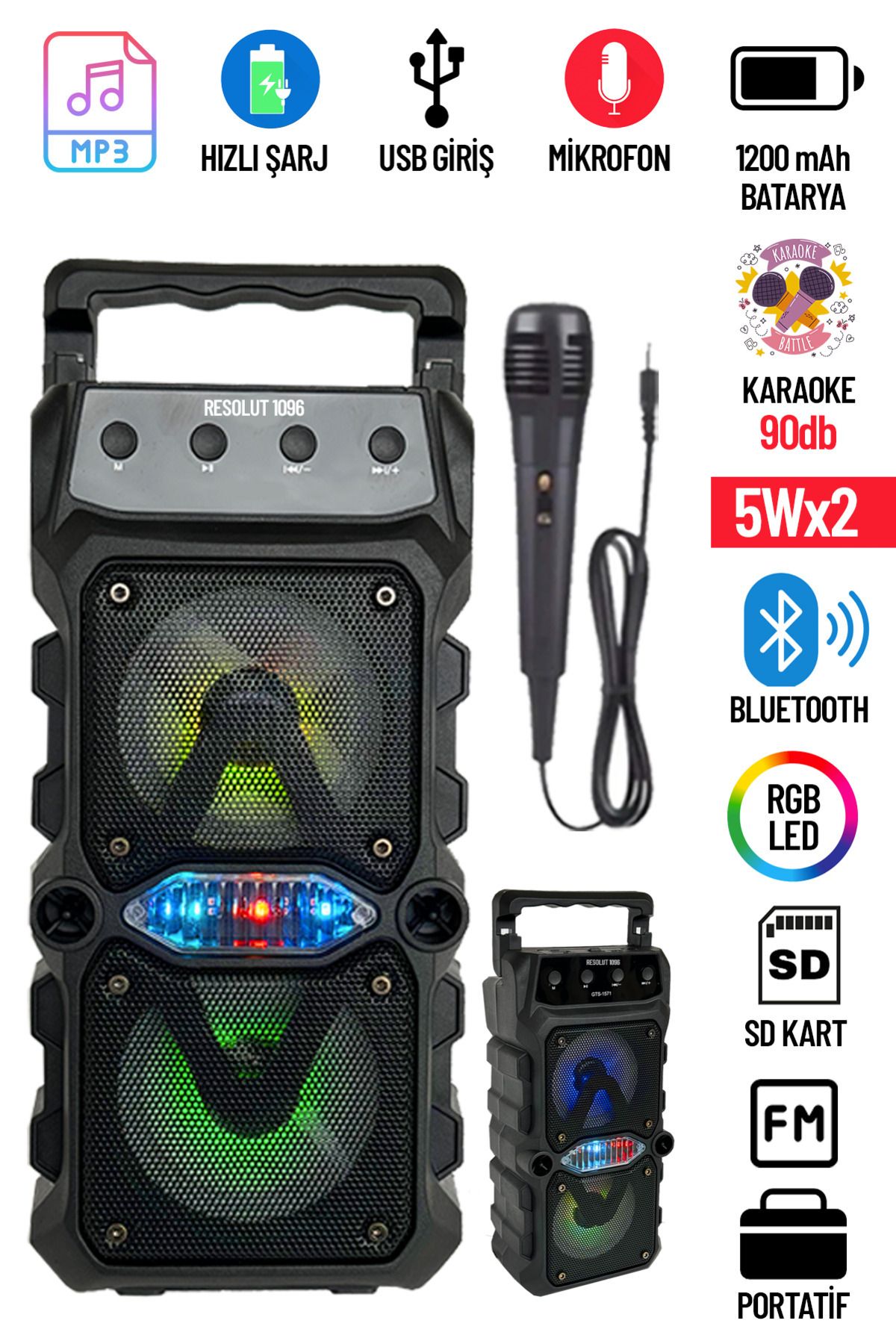 resolut Bluetooth Hoparlör Parti Hoparlörü Karaoke Mikrofon Işıklı Ses Bombası Radyo Usb Sd Girişli