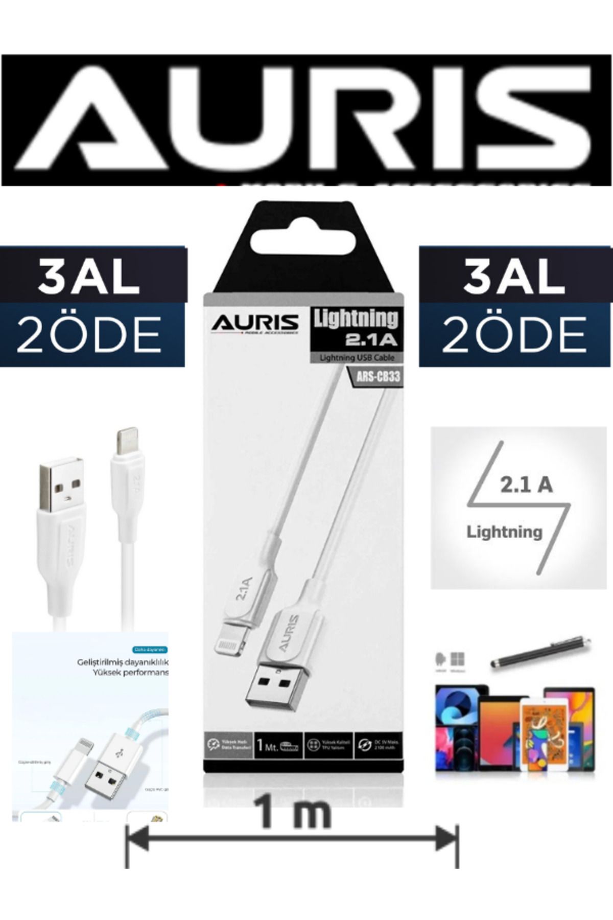 Auris İphone 12 Uyumlu Yüksek Kalite 2.1 Amper 1 MT. Lightining Şarj Kablo+Kalem