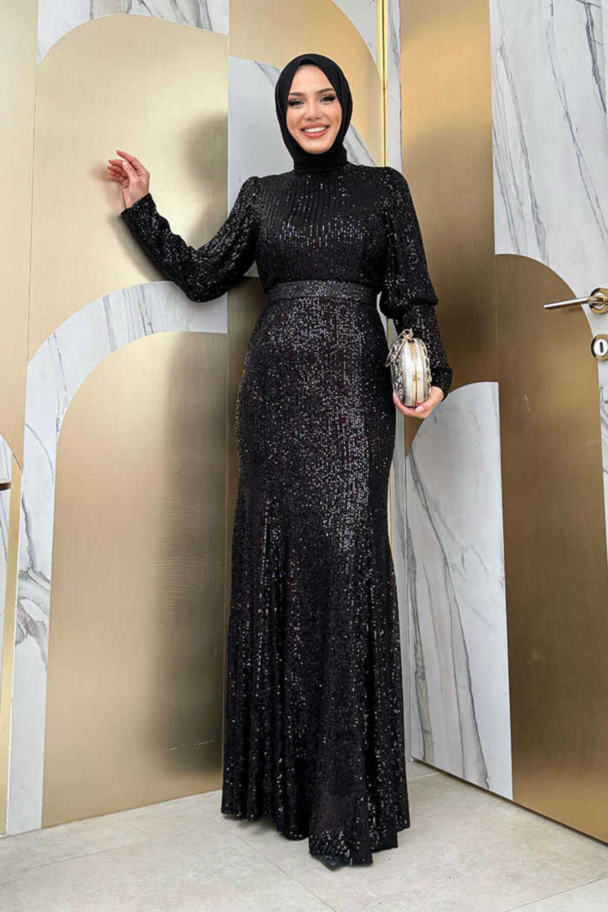 Bym Fashion Kemer Aksesuarlı Pul Payet Balık Abiye Elbise 3858 Siyah
