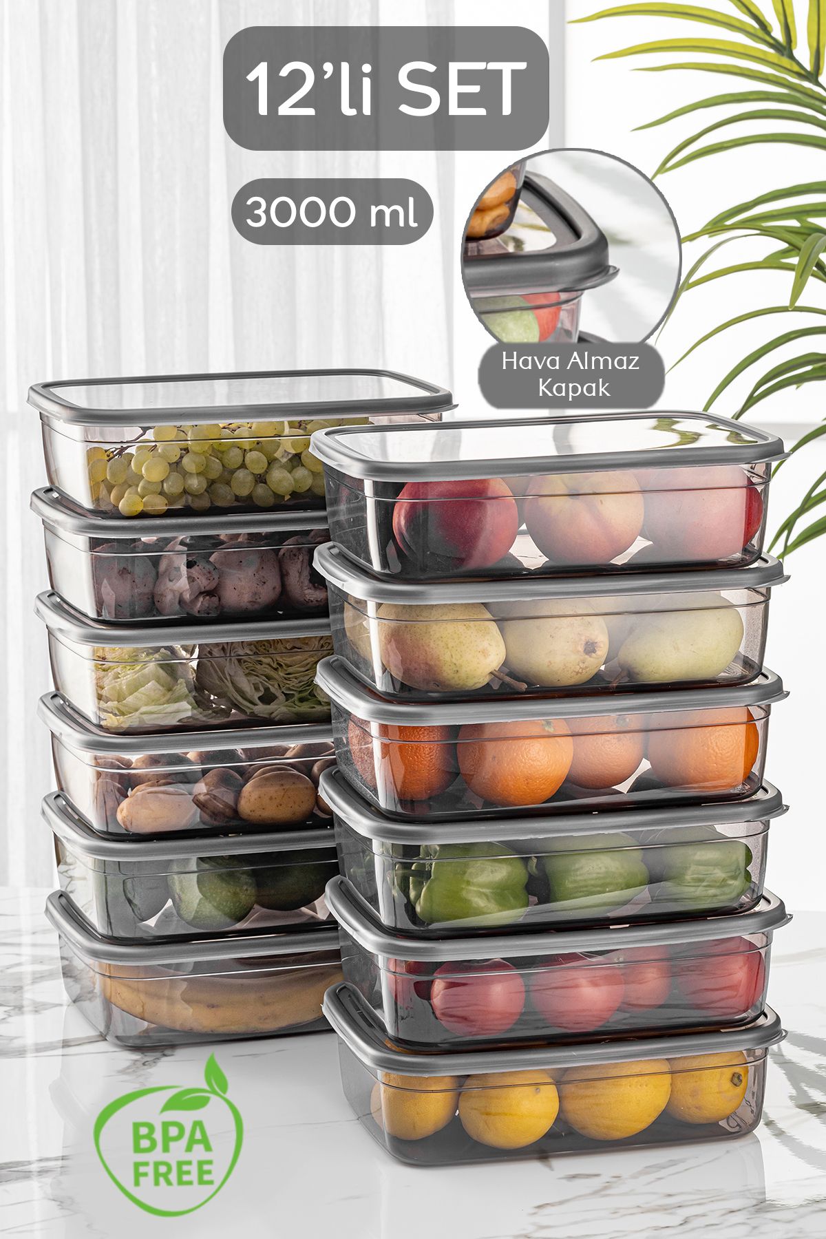 Meleni Home 12'li Dikdörtgen Pratik Box Sığ Sebze Meyve Saklama Kabı - Buzdolabı Düzenleyici Erzak Kabı 12x3 Lt