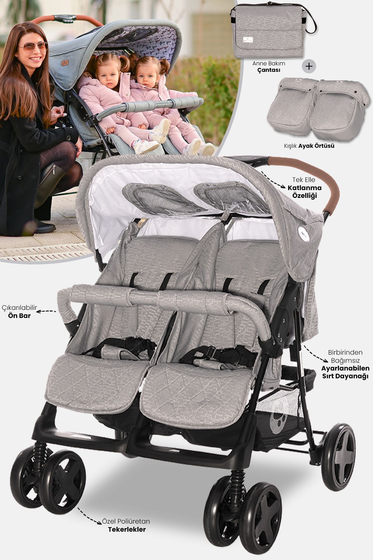 LORELLİ Twin Ikiz Bebek Arabası – Steel Grey