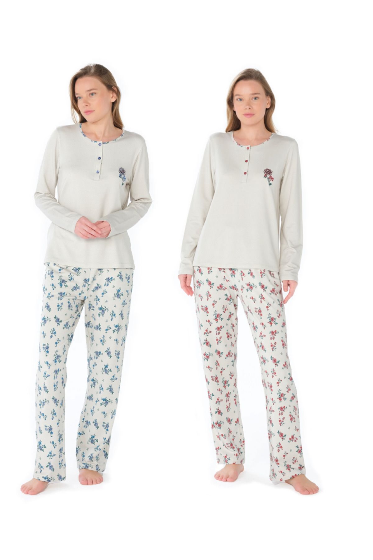 Feyza Pijama Kadın Uzun Kol Klasik Çıtır Çiçek Baskılı Pijama Takımı