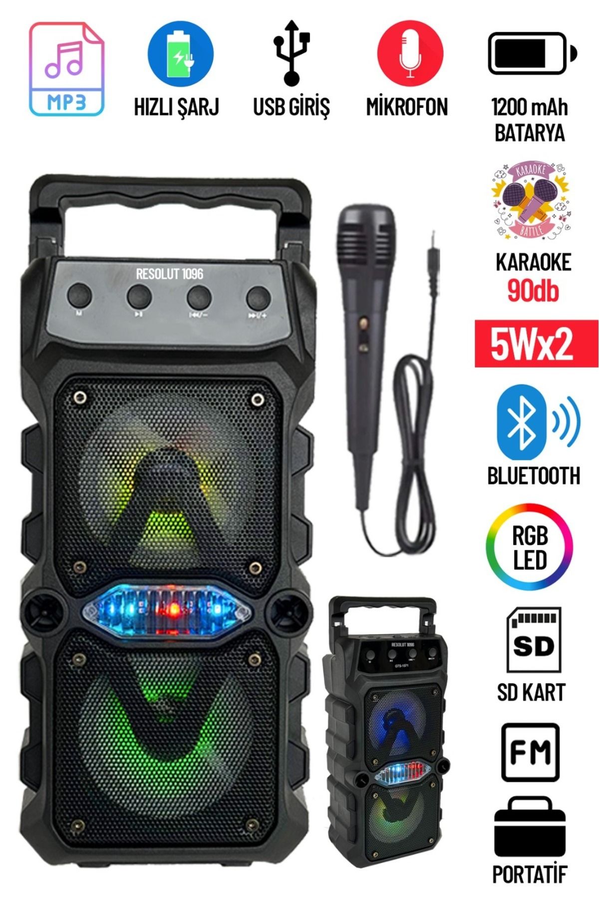resolut Bluetooth Hoparlör Parti Hoparlörü Karaoke Mikrofon Hediyeli Işıklı Ses Bombası Radyo Usb Sd Girişli
