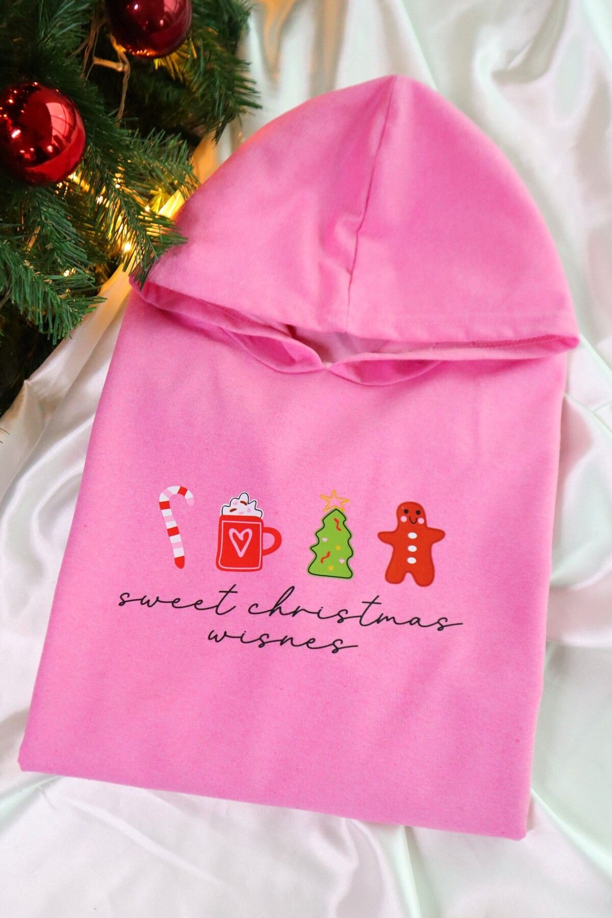 Ef Butik Pembe Kapüşonlu Sweet Christmas Wishes Sweatshirt