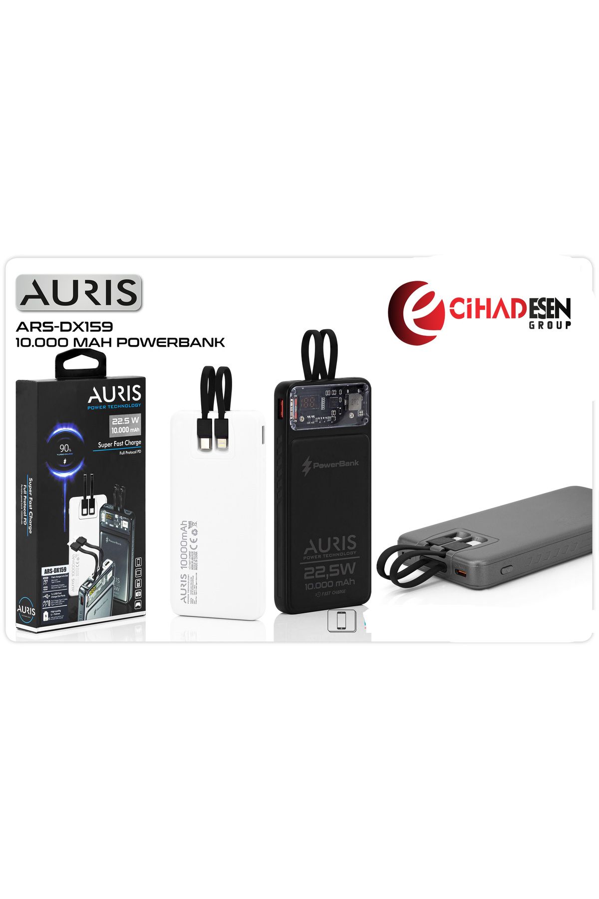 Auris AURİS ARS-DX159 10.000 mAh 22.5W Çift Girişli Süper Hızlı Taşınabilir Şarj Aleti Powerbank + LCD