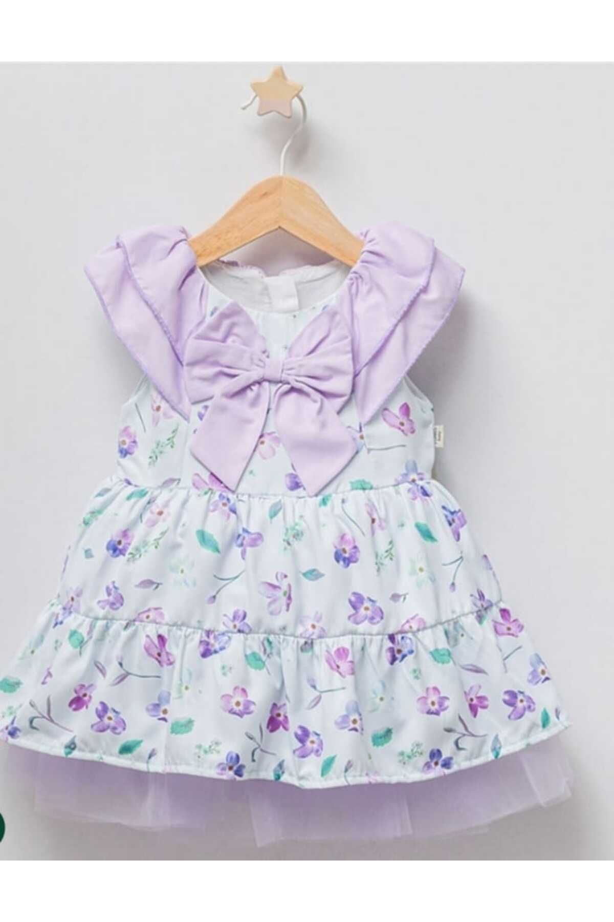 Esterella kız bebek çiçekli tüllü elbise/ fiyonk detaylı /büzgülü viskon kız bebek elbise