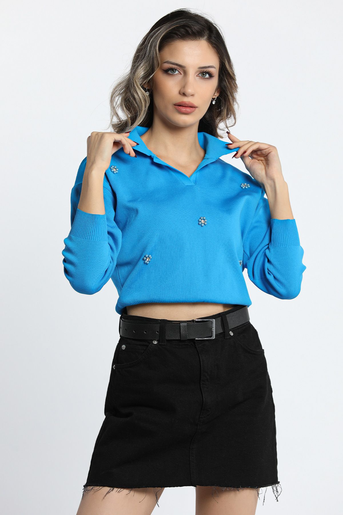 GÜLSELİ Mavi Kadın Gömlek Yaka Taş Detaylı Triko Bluz