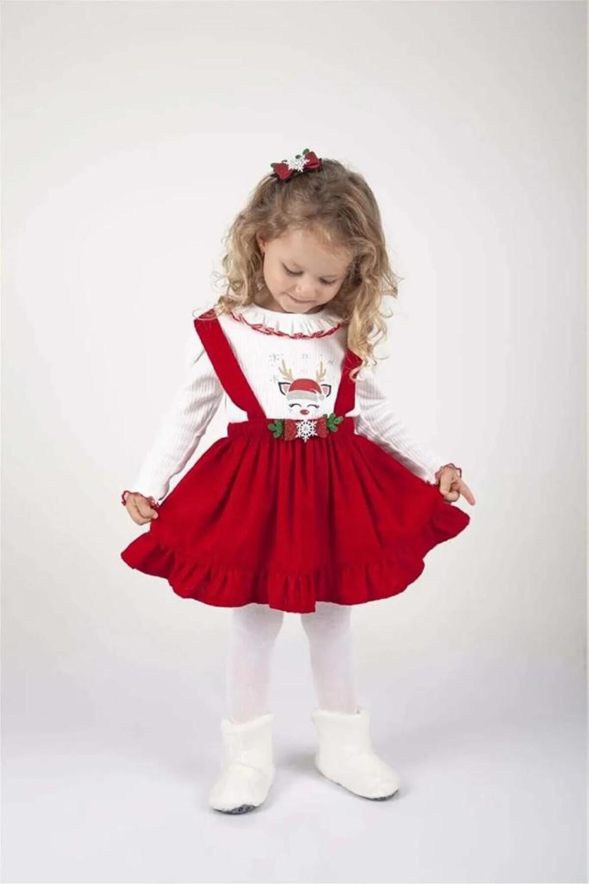 magu Kız Çocuk Noel Yılbaşı Temalı Geyikli Baskılı Salopet Elbise