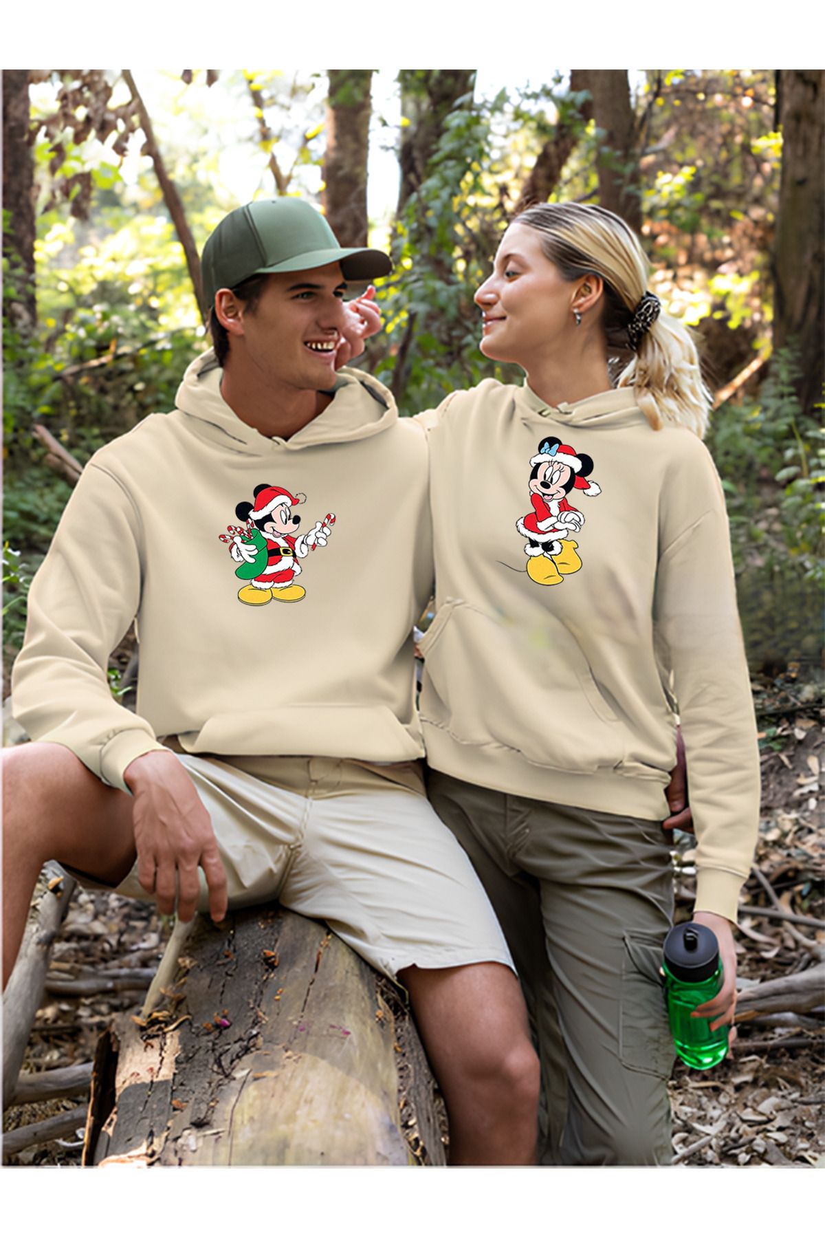dexerwear 2'li Sevgili Kombini Mickey Mouse Yılbaşı Baskılı Oversize Kapuşonlu Sweatshirt