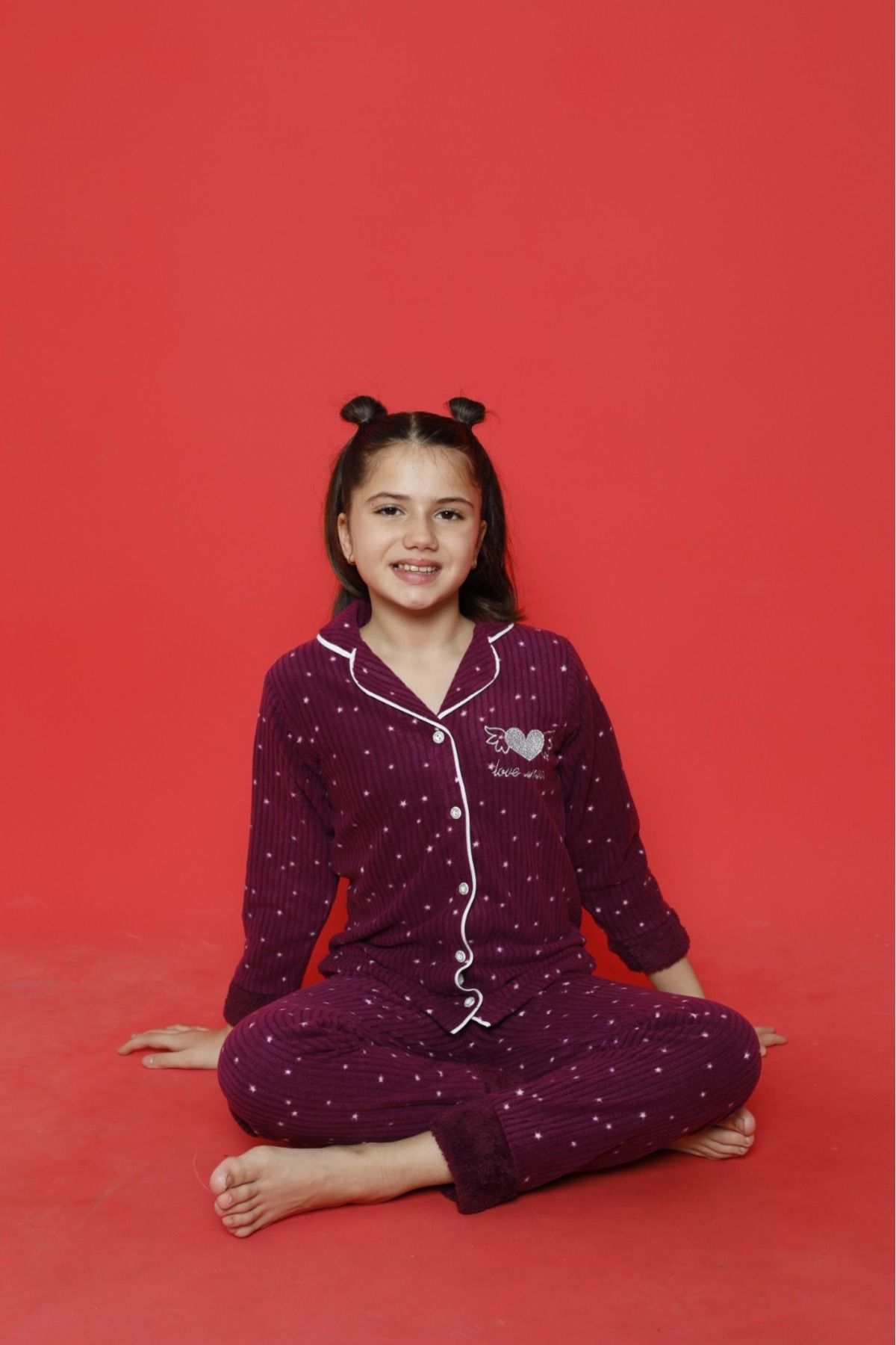 Meba Kız Çocuk Gez Boy Şal Yaka Önden Düğmeli Polar Açık Lila Pijama Takımı Uyku Bandı Hediyeli