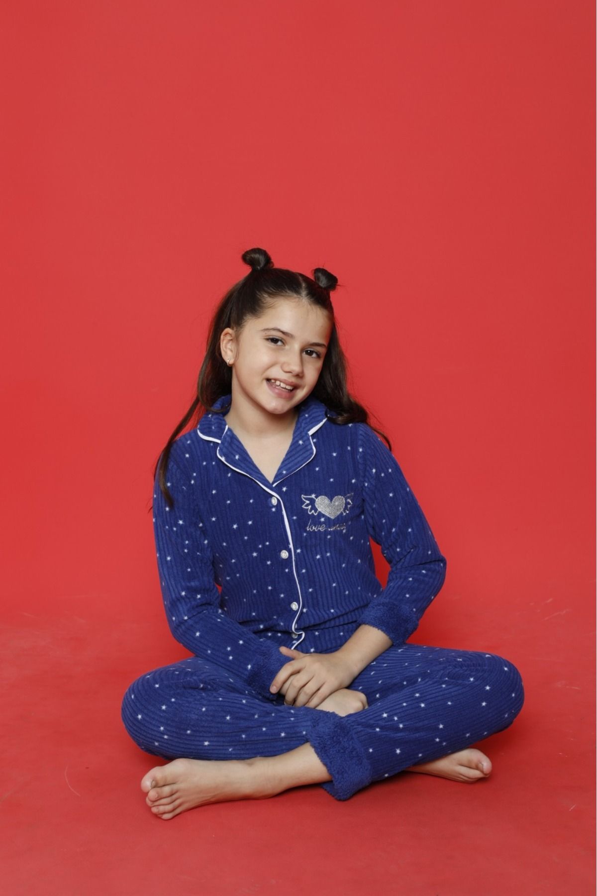 Meba Kız Çocuk Gez Boy Şal Yaka Önden Düğmeli Polar Mavi Pijama Takımı Uyku Bandı Hediyeli