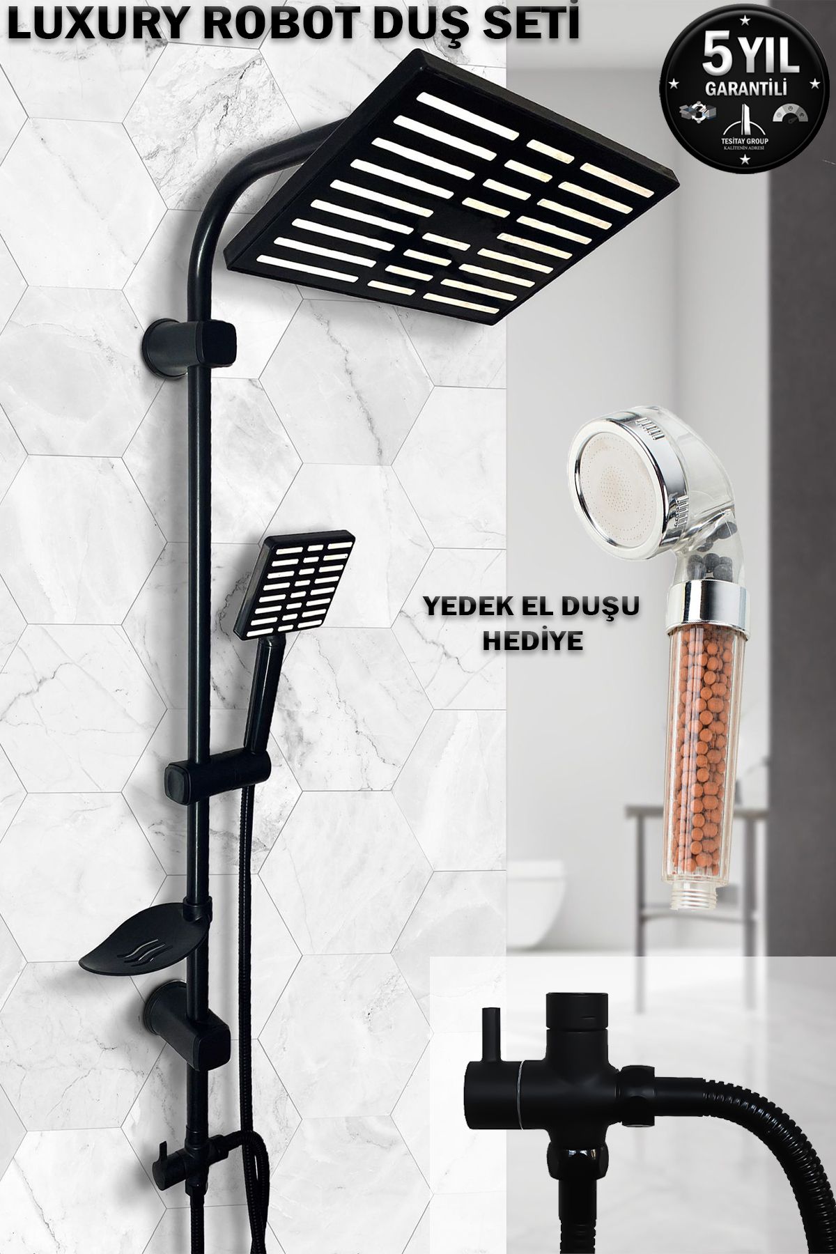 tesitay Siyah Robot Duş Seti El Ve Tepe Duş Başlığı Spiral Takımı Banyo Duşu