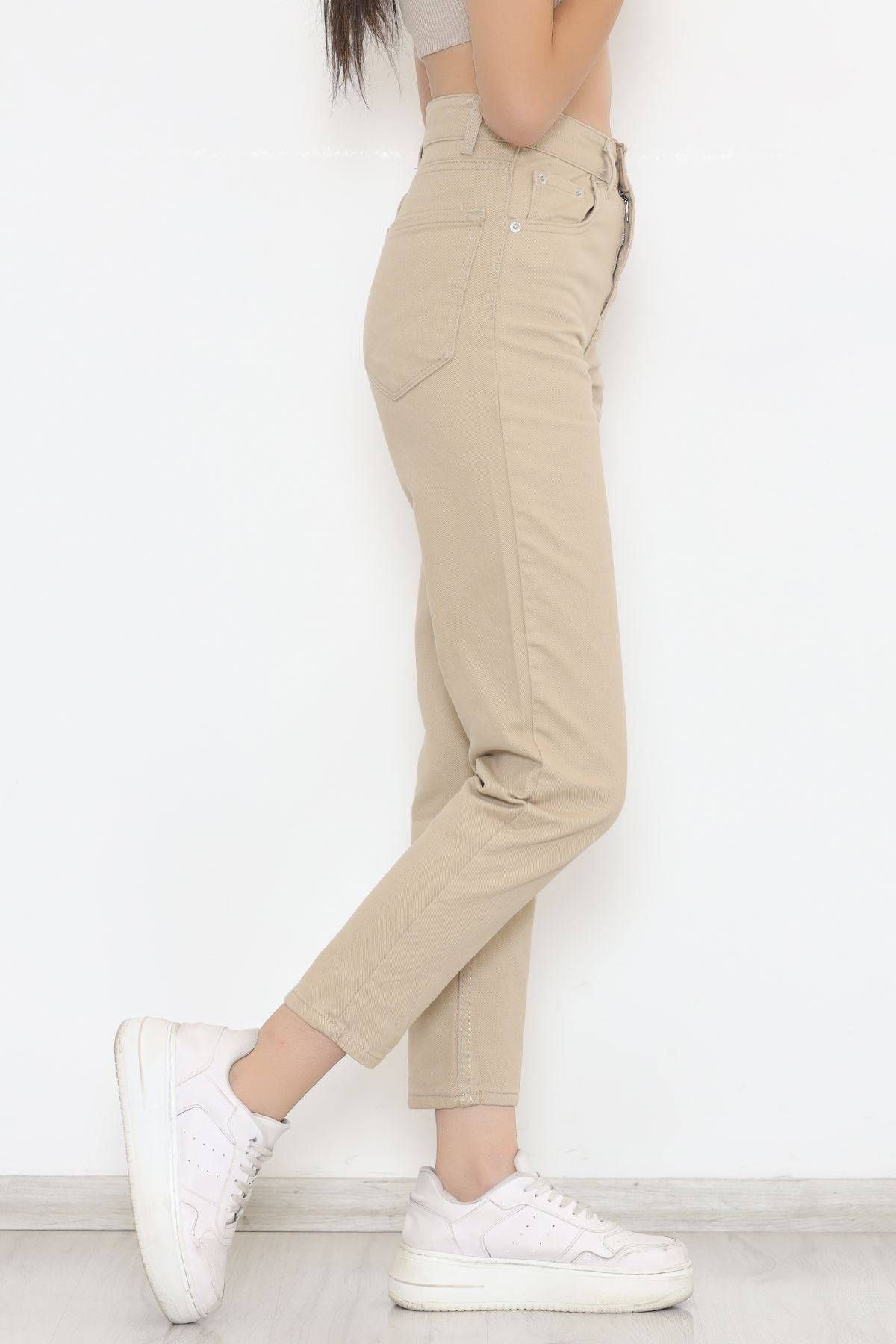 LİMABEL Kadın Bej Mom Likralı Pantolon Yüksek Bel Jeans