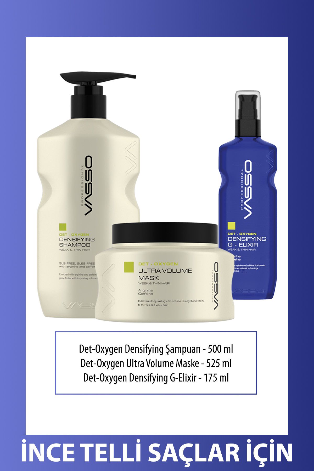 VASSO WOMEN Ince Ve Zayıf Telli Saçlar Için Sülfatsız Tuzsuz Güçlendirici Det-oxygen Serisi 3'lü Saç Bakım Seti