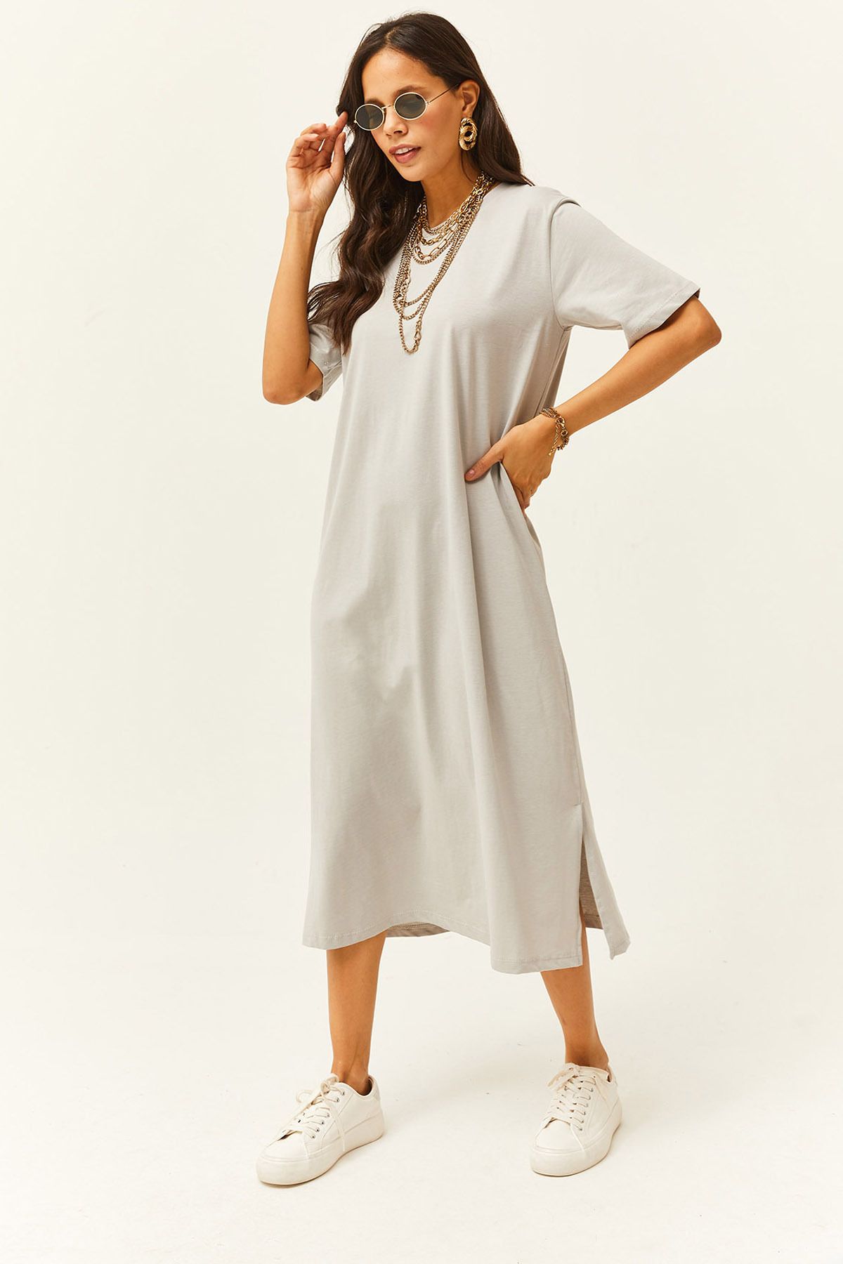 Olalook Kadın Yunus Gri Yanı Yırtmaçlı Oversize Pamuk Elbise ELB-19001880