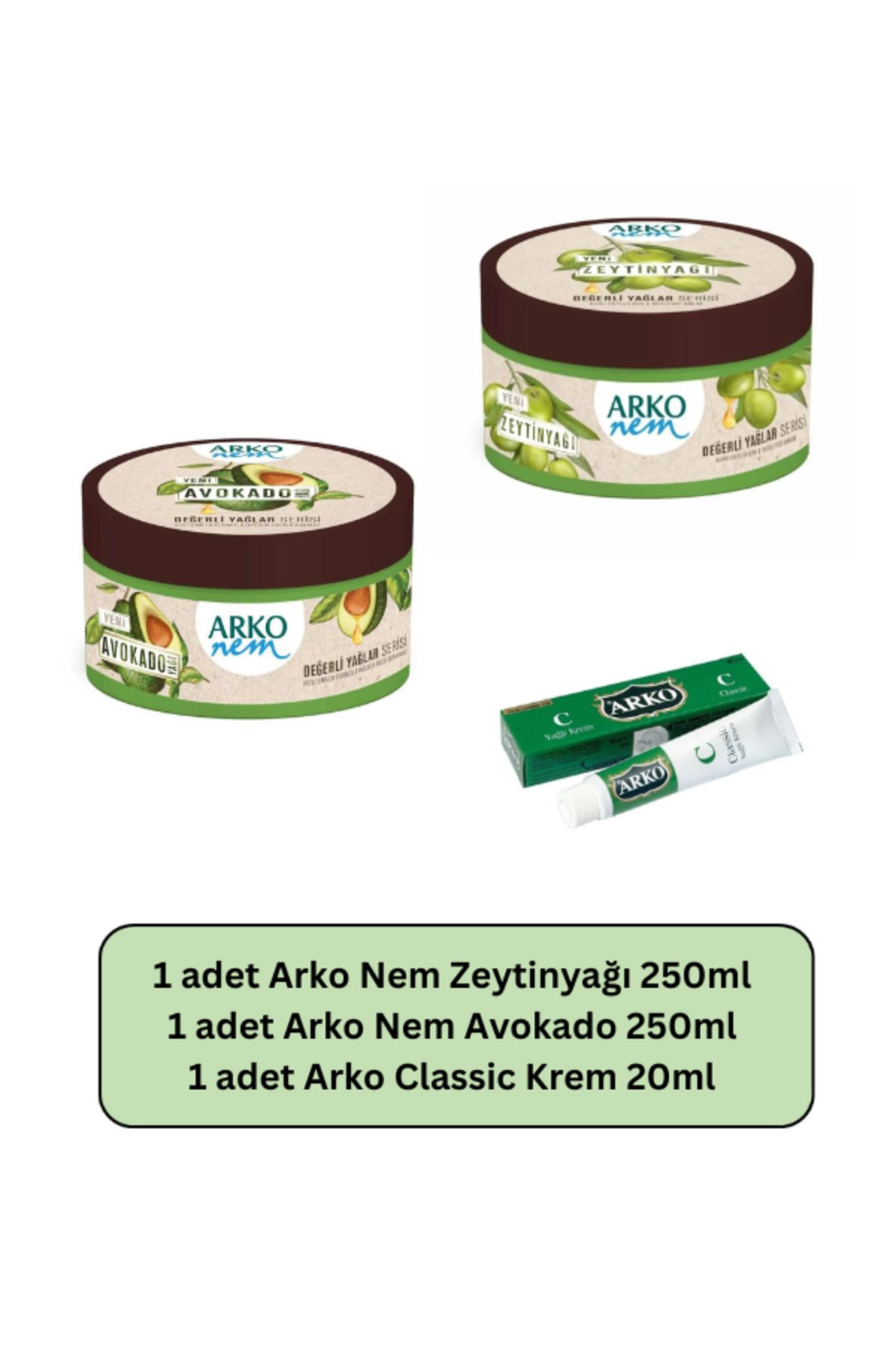 Arko Nem Krem Değerli Yağlar Avokado 250ml + Zeytinyağı 250ml + Arko Classic Yağlı Krem 20ml