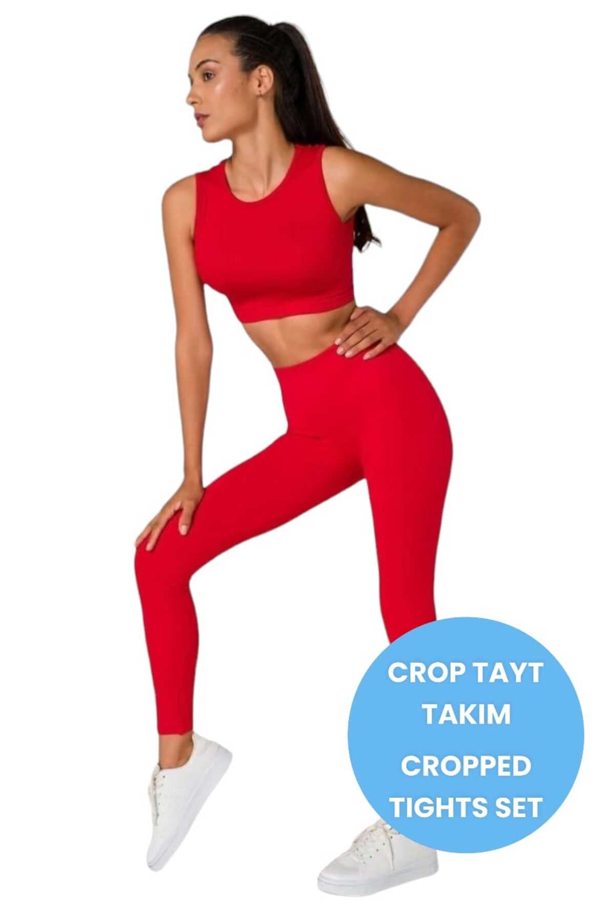 Mood Agenda Kadın Sporcu Fitness Yoga Pilates Yüksek Bel Tayt-crop Fitilli Takım