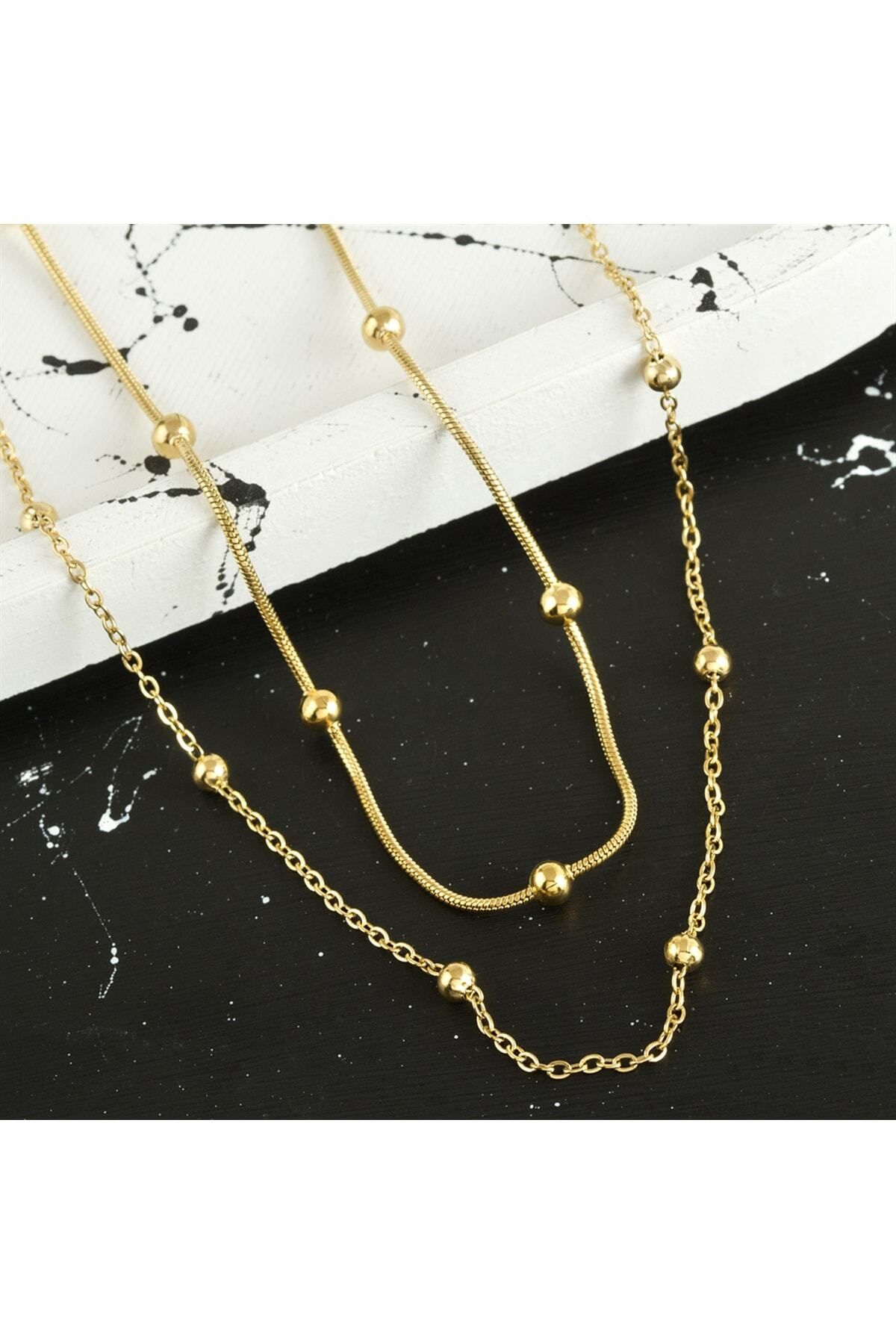 Fashion Jewellery Altın Kaplama Italyan Zincirli Ikili Trend Dorikalı Gold Çelik Kolye (55 CM)