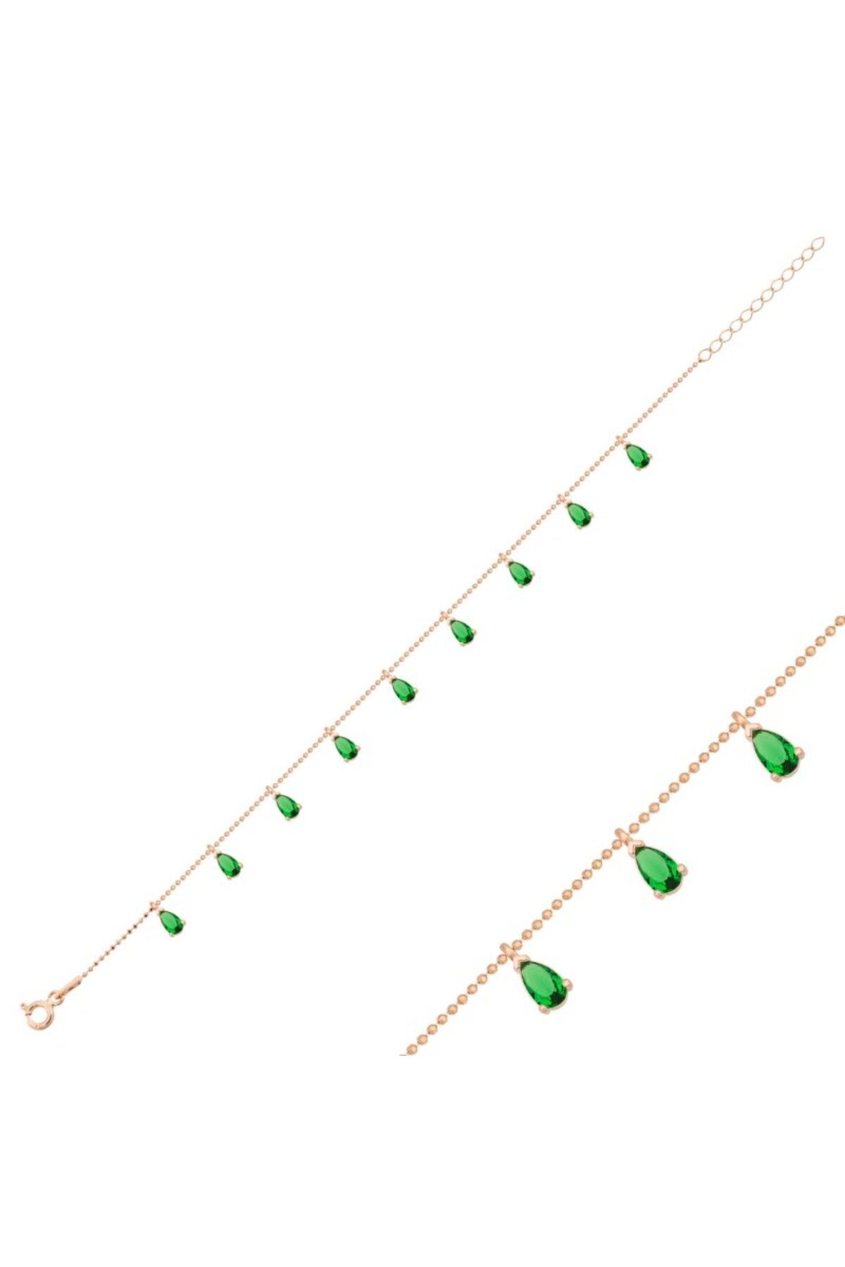 Teta Collection 925 Ayar Gümüş Gözyaşı Emerald Zirkon Taşlı Dangle Charm Bileklik-Rose Altın kaplama