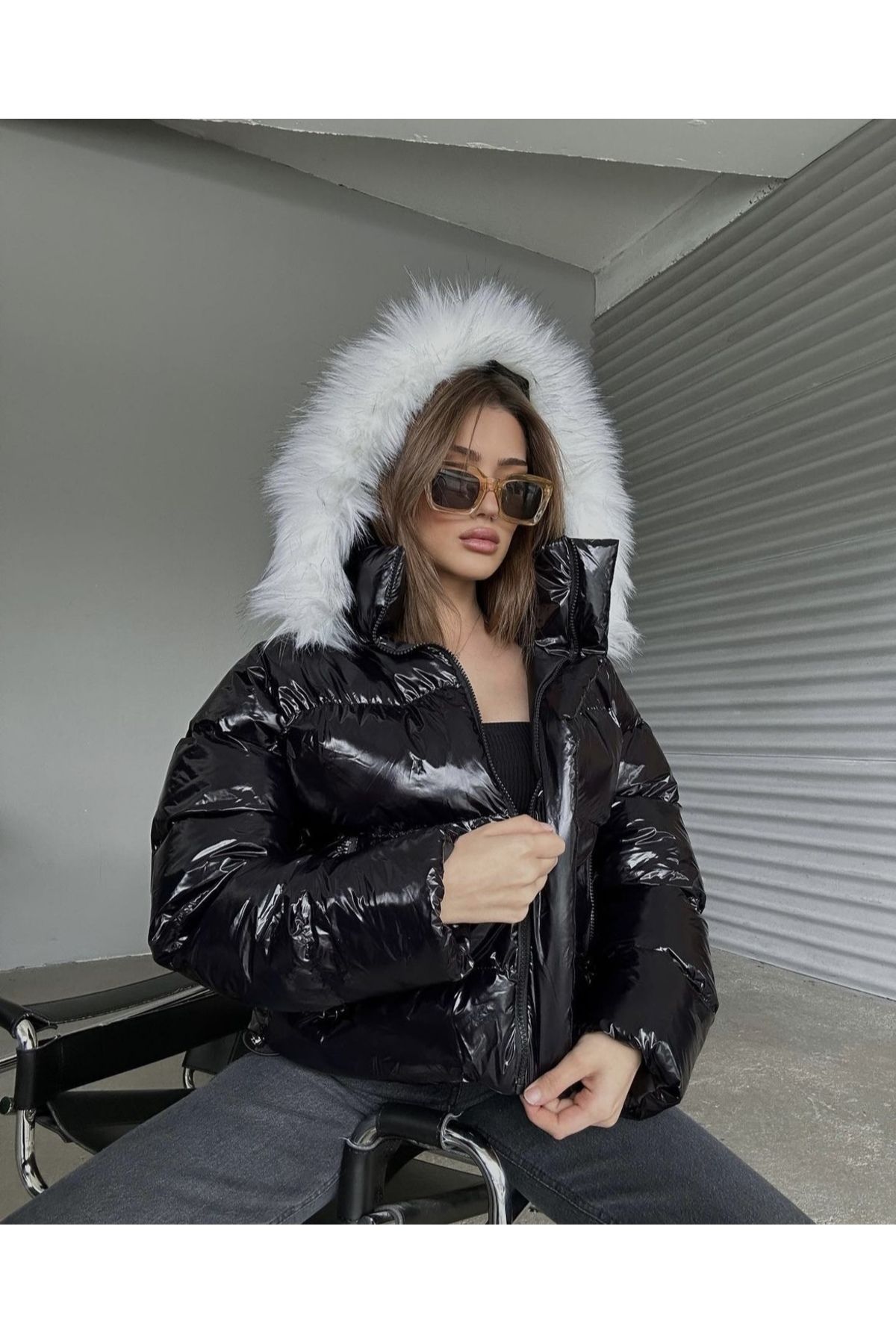 Ekim Store Kadın Kapüşonlu Parlak Bomber Şişme Mont