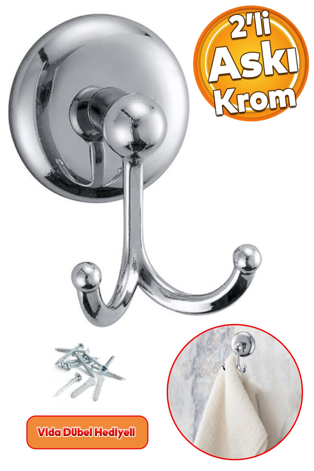 Badem10 Vidalı Askılık Banyo Tuvalet Lavabo Havlu Bornoz Askısı Çatal İkili Metal Askı Krom