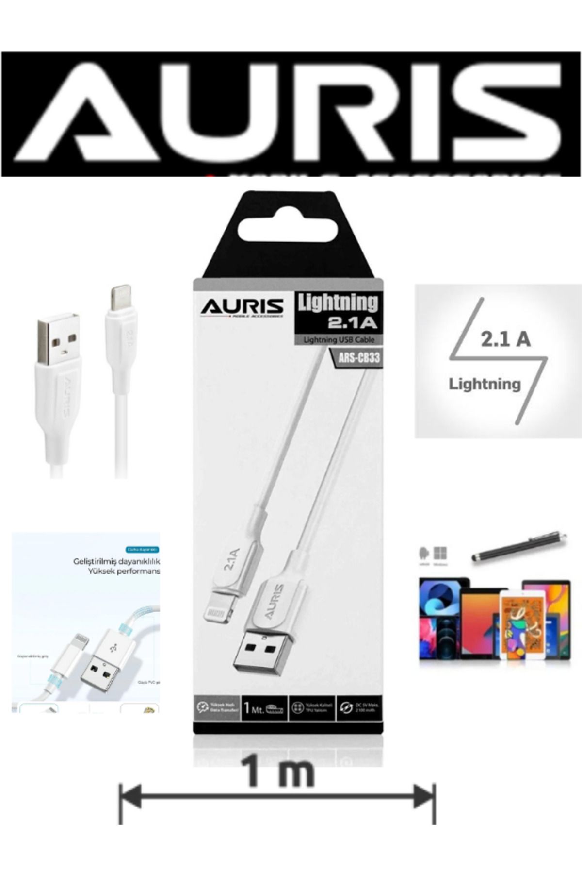 Auris 2Al 1Öde İphone 13 Pro Uyumlu Yüksek Kalite 2.1 Amper 1 MT. Lightining Şarj Kablo+Kalem