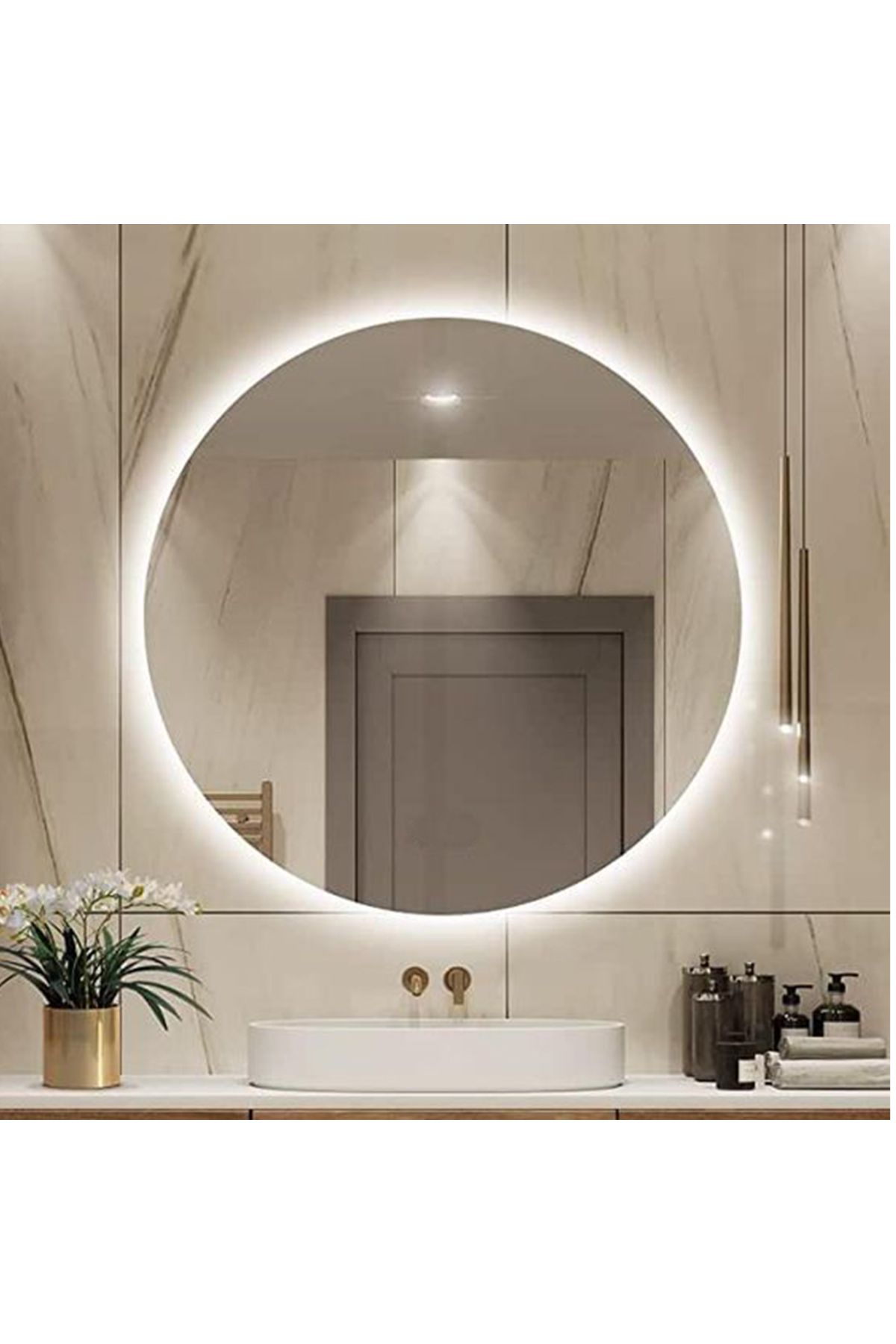 BUGUSAN 70 cm Ledli Ayna Banyo Aynası Yuvarlak Ayna Dekoratif Ayna Işıklı Salon Aynası