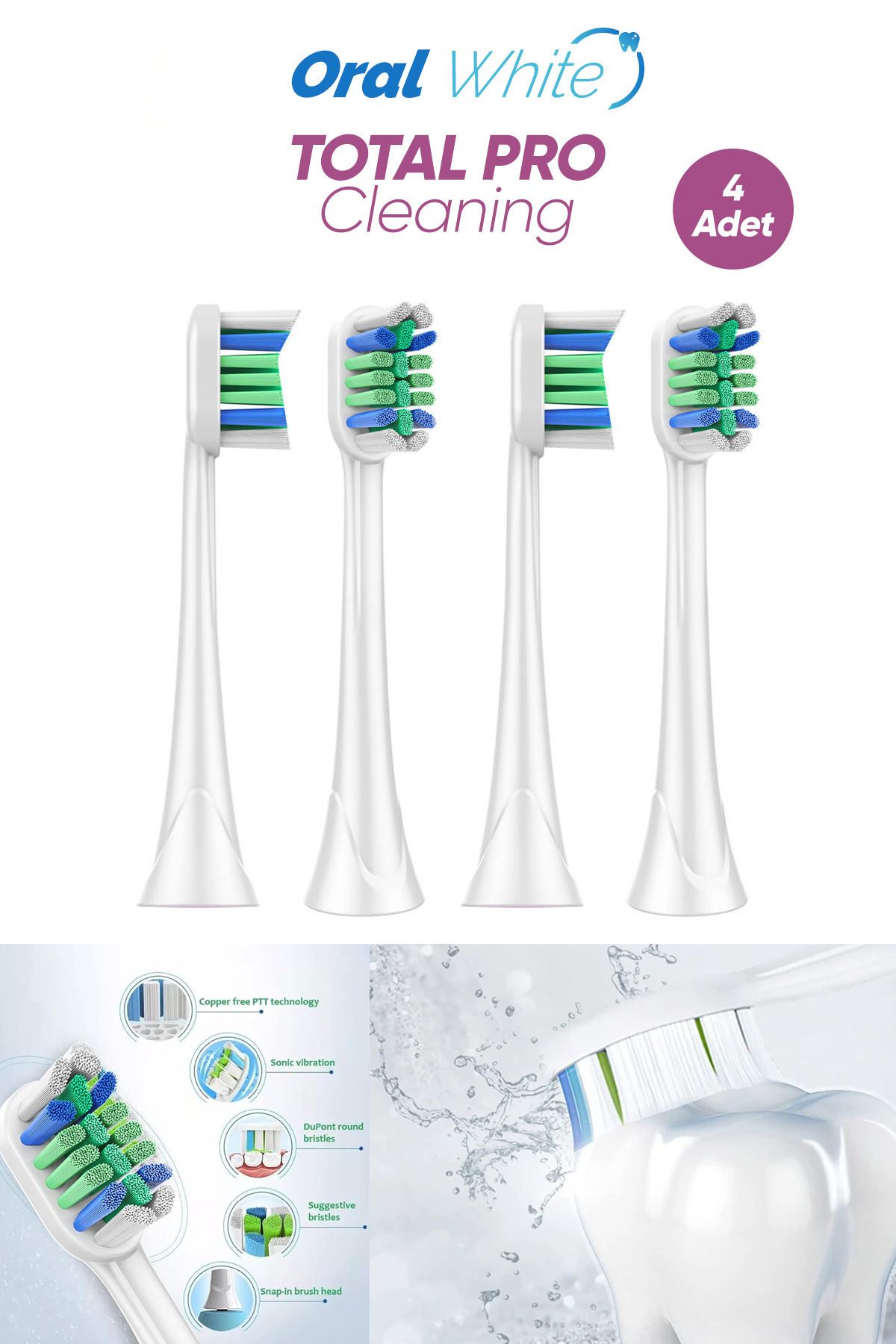 Oral White Sonic Total Pro Cleaning Philips Sonicare Uyumlu 4 Adet Yedek başlık