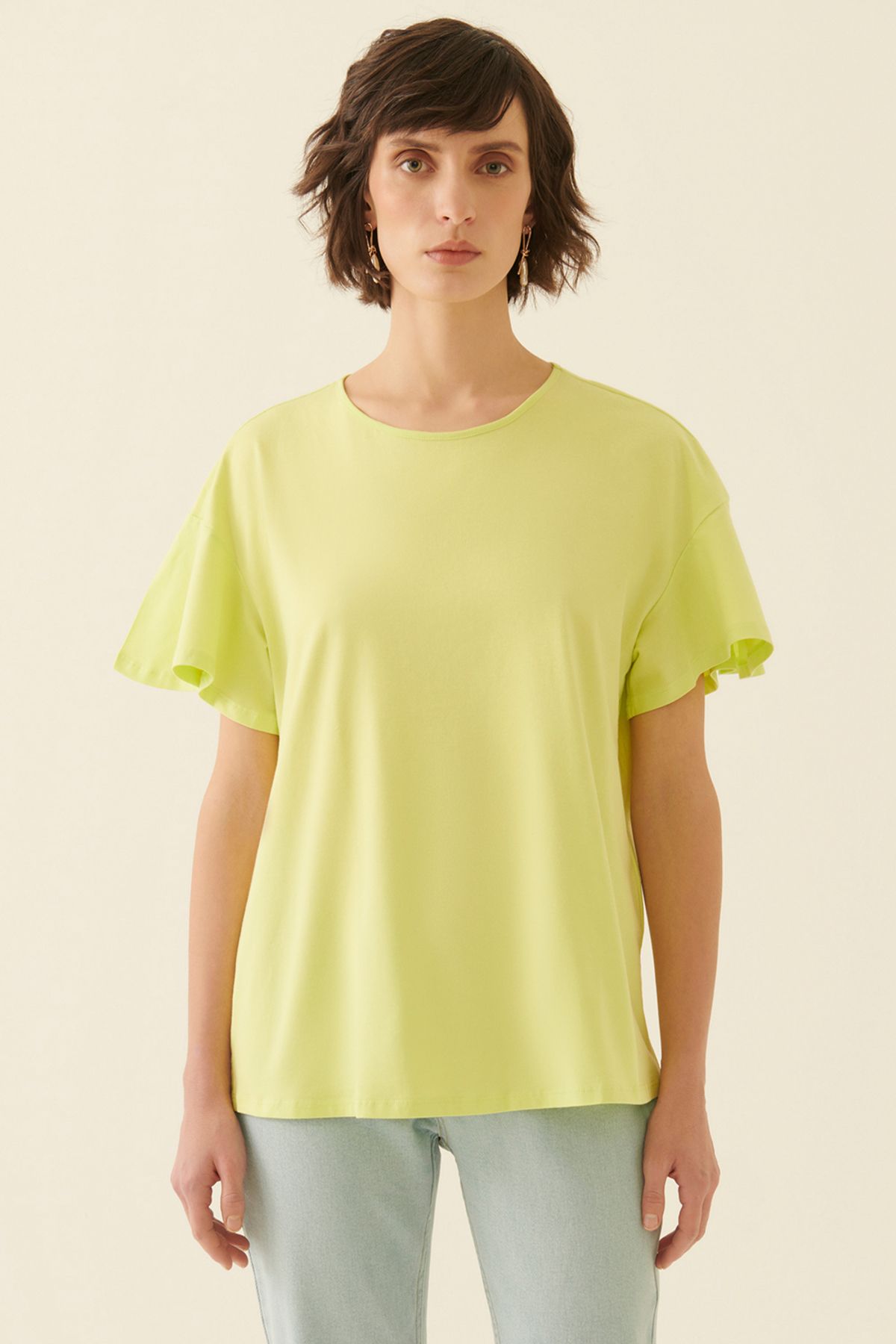 Perspective Coras Regular Fit Kayık Yaka Standart Boy Misket Limonu Renk Kadın Tişört