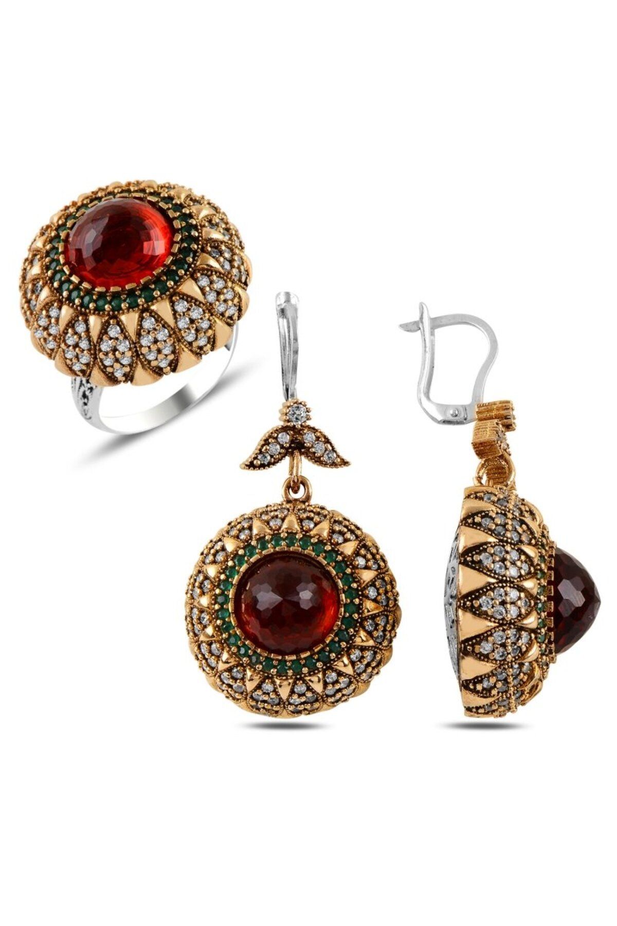 Teta Collection 925 Ayar Gümüş Ruby Emerald Zirkon Taşlı Osmanlı Stili Set