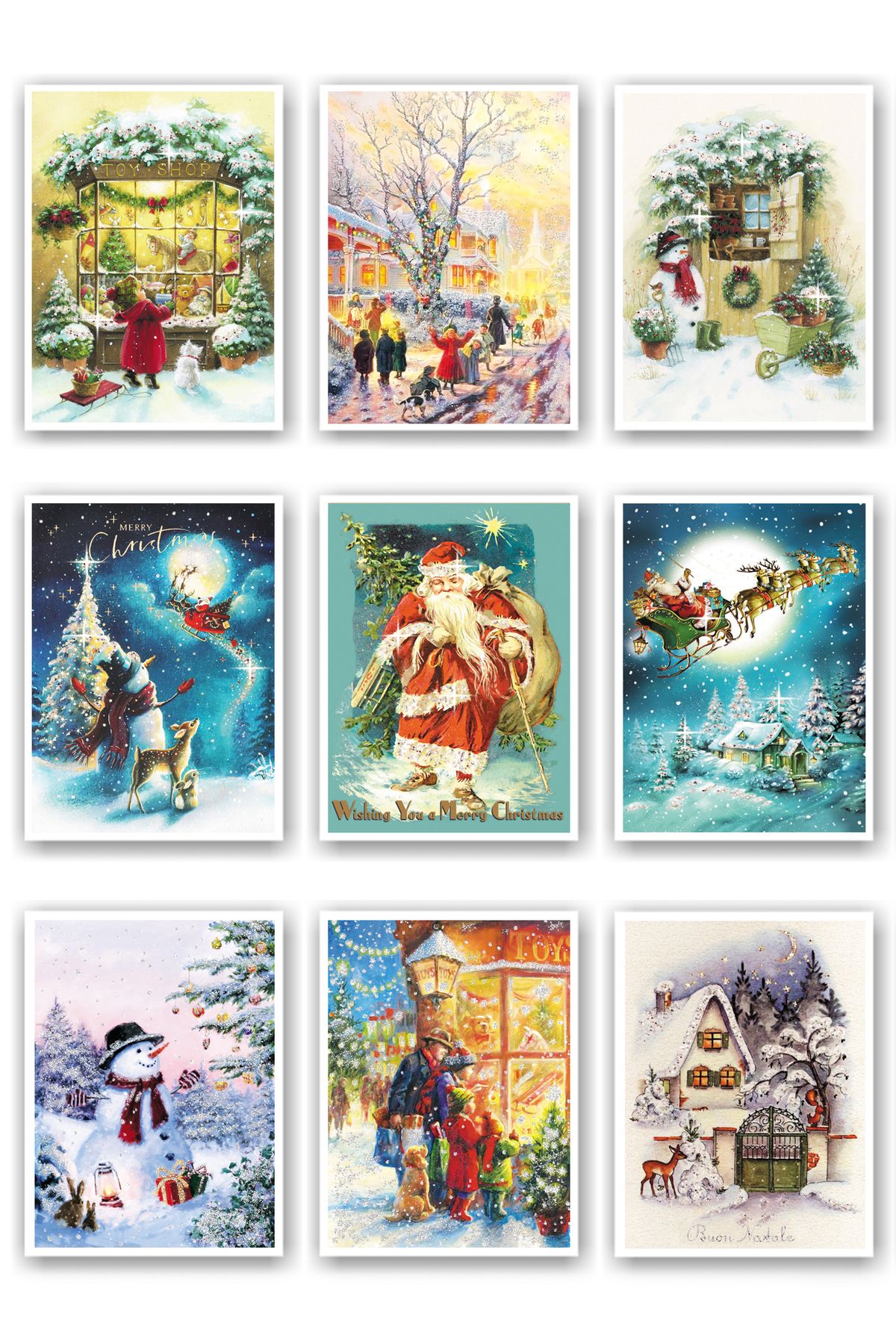 Mia Pera 9 lu Simli Yılbaşı Kartpostal Seti Yeniyıl 9 Lu Kardan Adam Noel Baba Nostalji