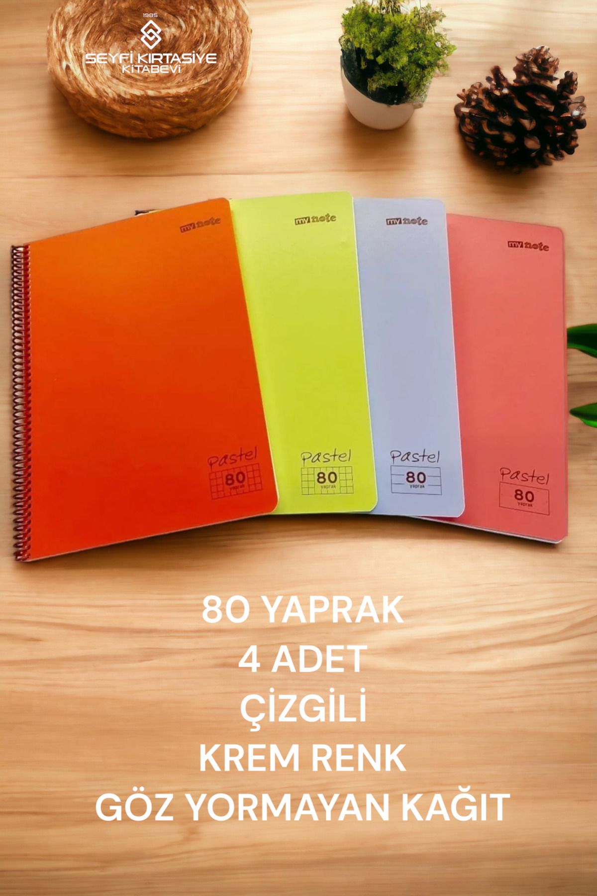 Mynote 4 Adet A4 80 Yaprak Çizgili Telli Defter Pastel Renk Plastik Kapak Göz Yormayan Krem Renk Kağıt