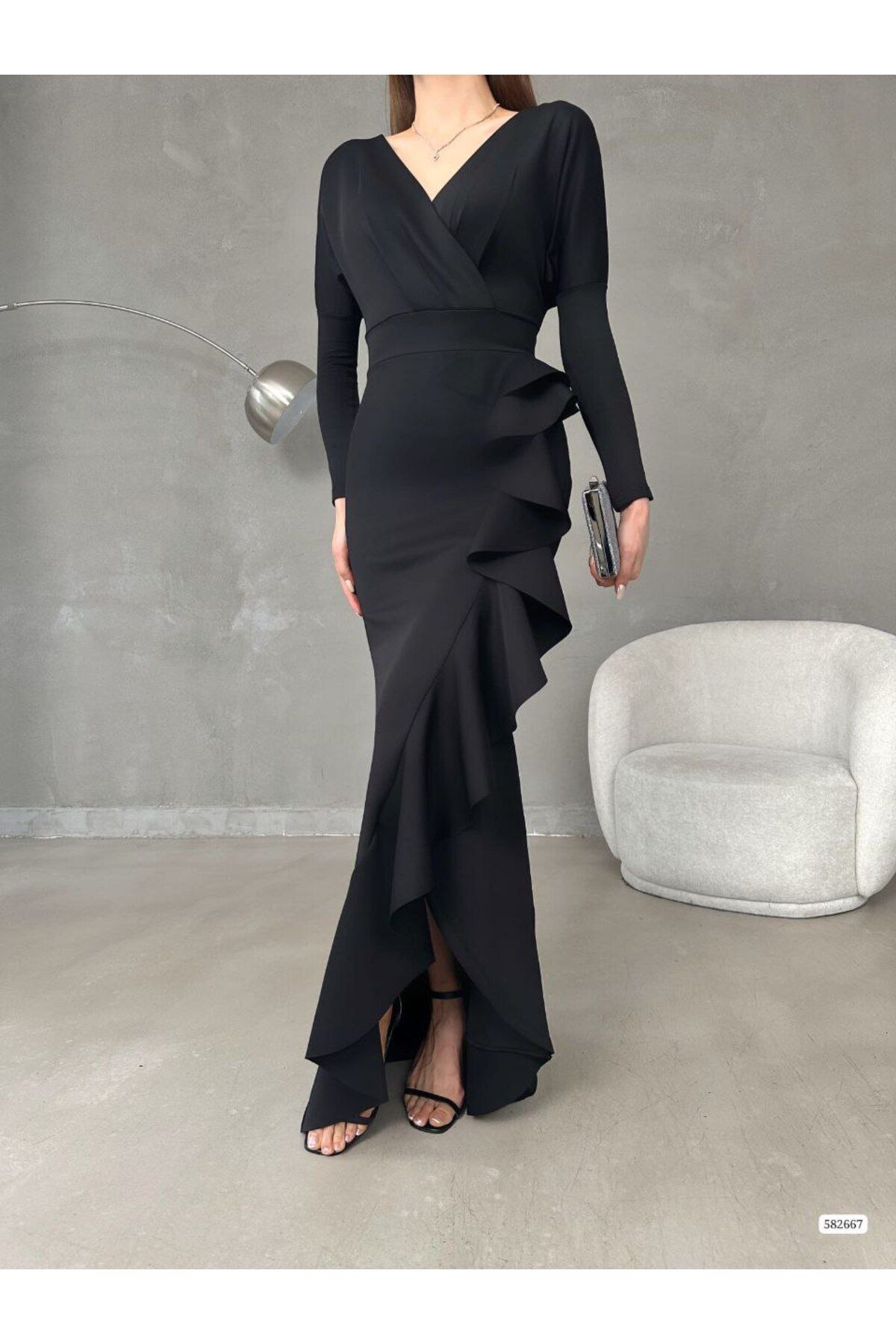 ModaLy Moda Esnek Scuba Kumaş Siyah Renk Volan Detaylı Uzun Kollu Abiye Elbise 739 582667
