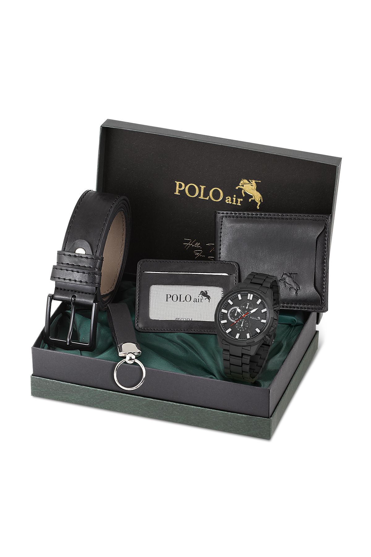 polo air Cüzdan Kartlık Kemer Saat Anahtarlık Set Siyah Renk