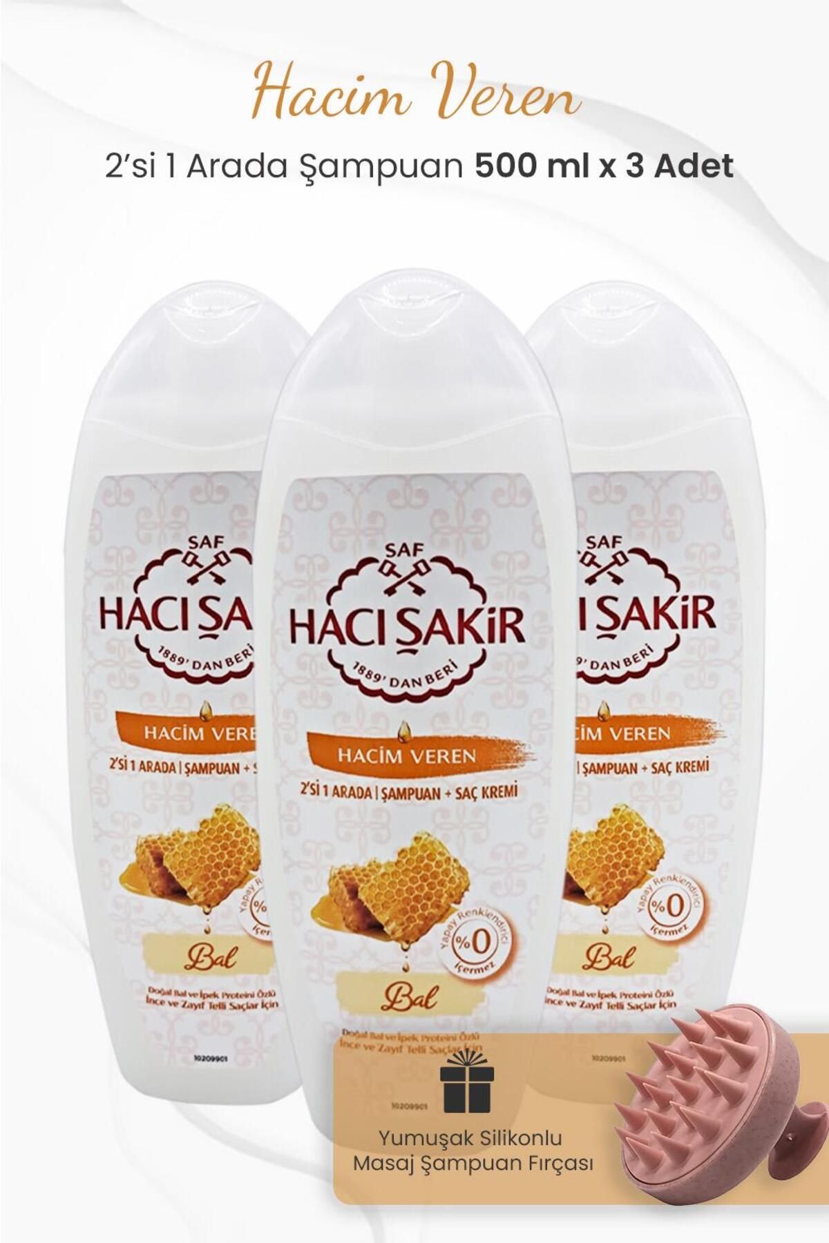 Hacı Şakir Bal 2si 1 Arada Şampuan 500 ml x 3 Adet ve Şampuan Fırçası Pembe