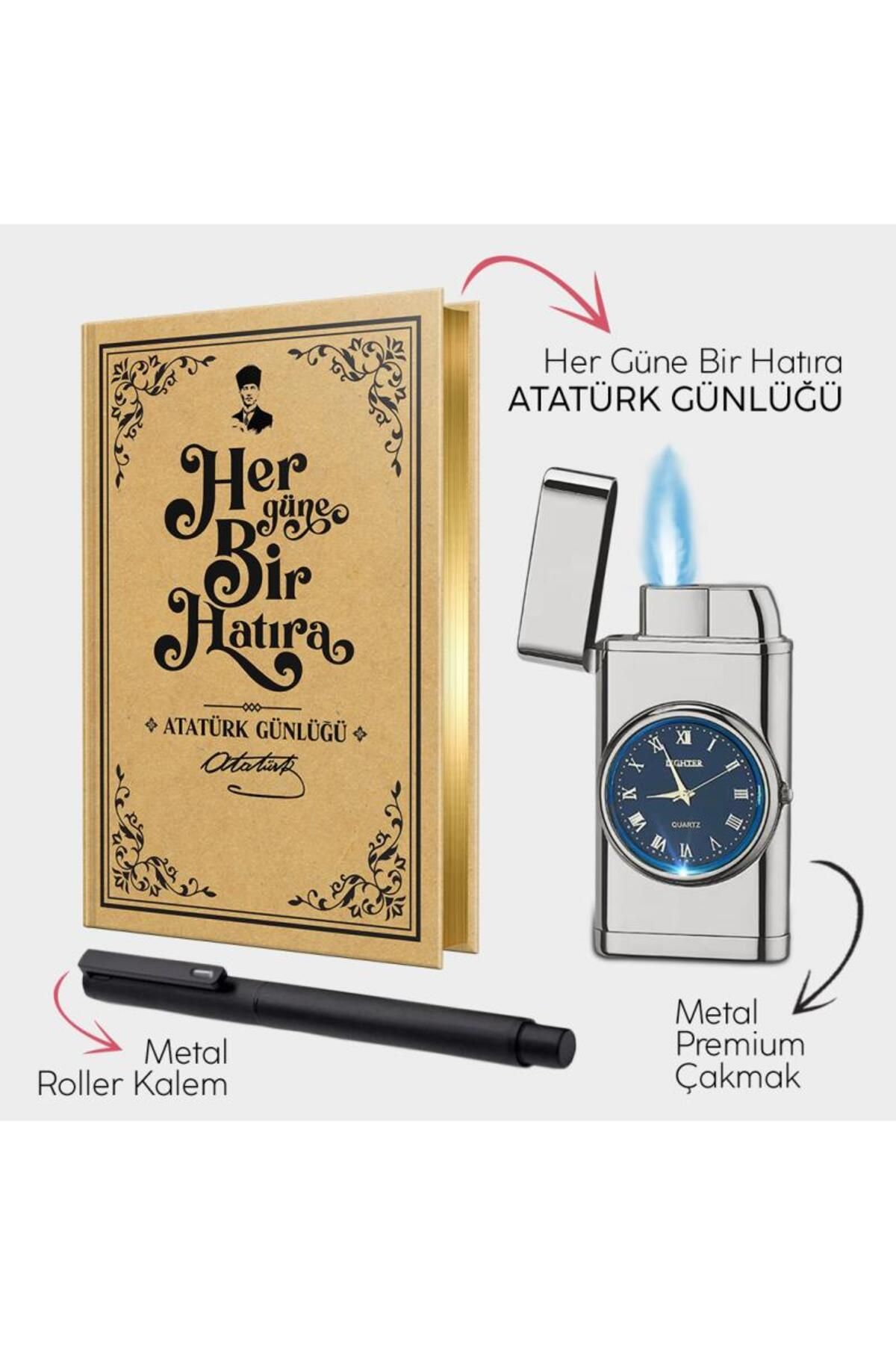 Halk Kitabevi Atatürk Günlüğü - Silver Saatli Çakmak - Metal Roller Kalem