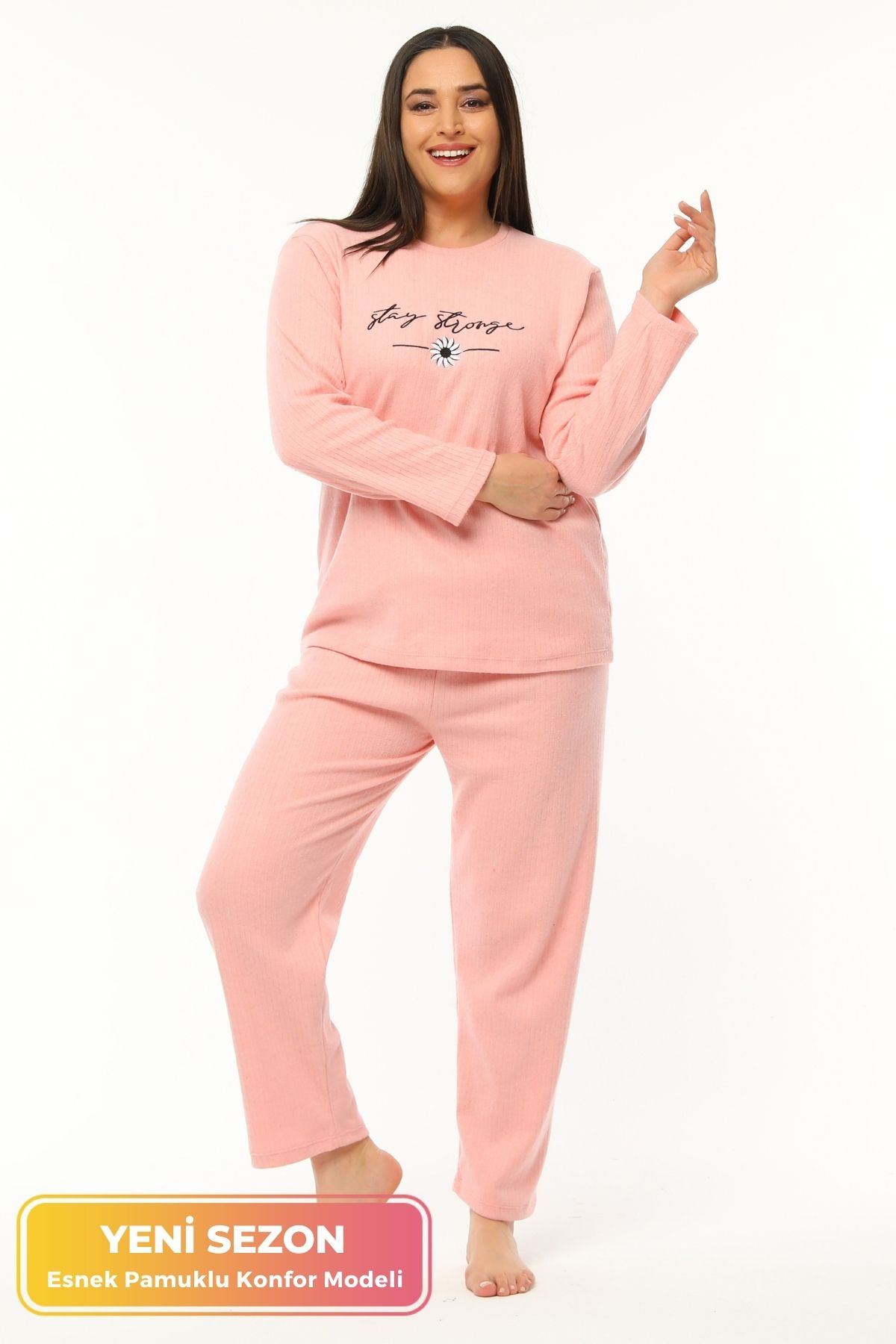 tarzımsüper Büyük Beden Premium Konfor Modeli Beli Lastikli Nakış Detaylı Uzun Kollu Rahat Pamuklu Pijama Takımı