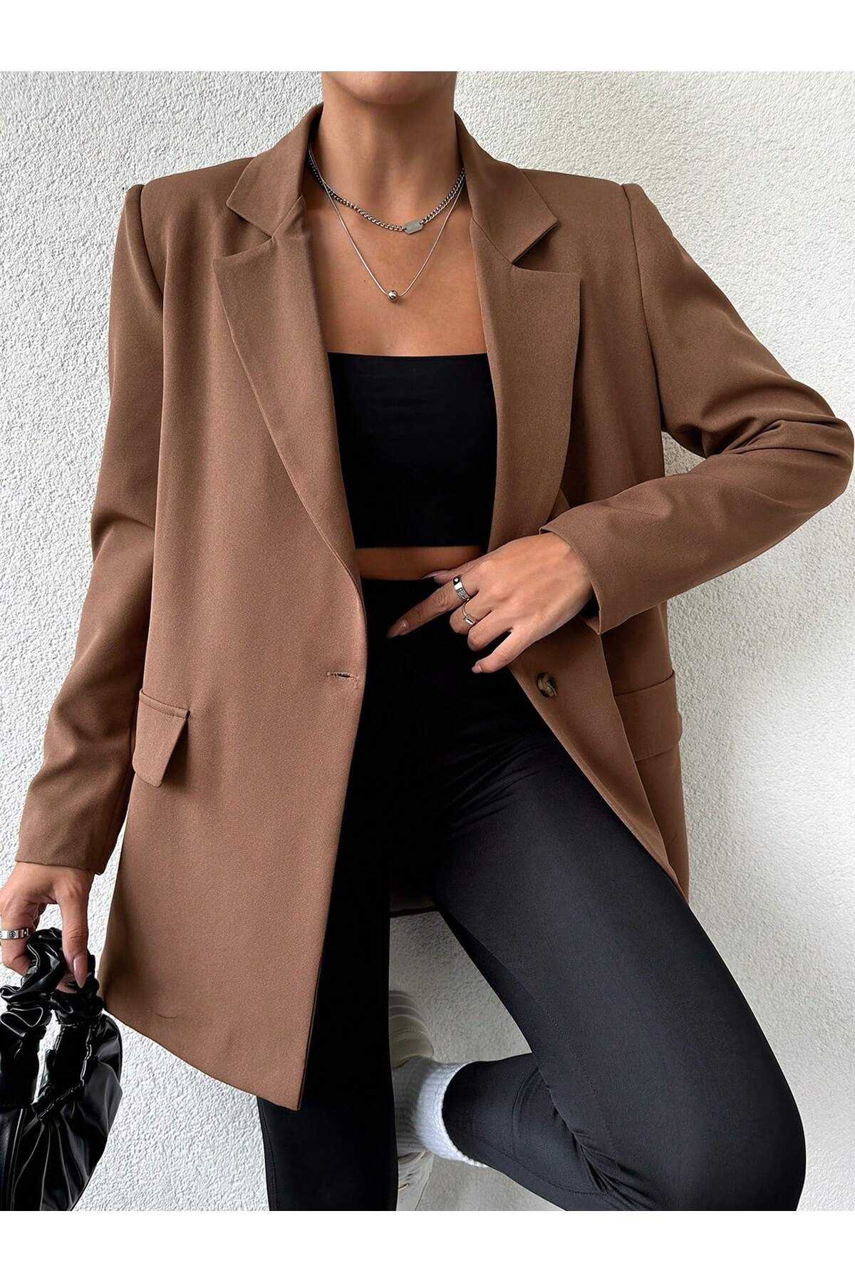 Smartex Astarlı Oversize Dokuma Kahverengi Kadın Ceket