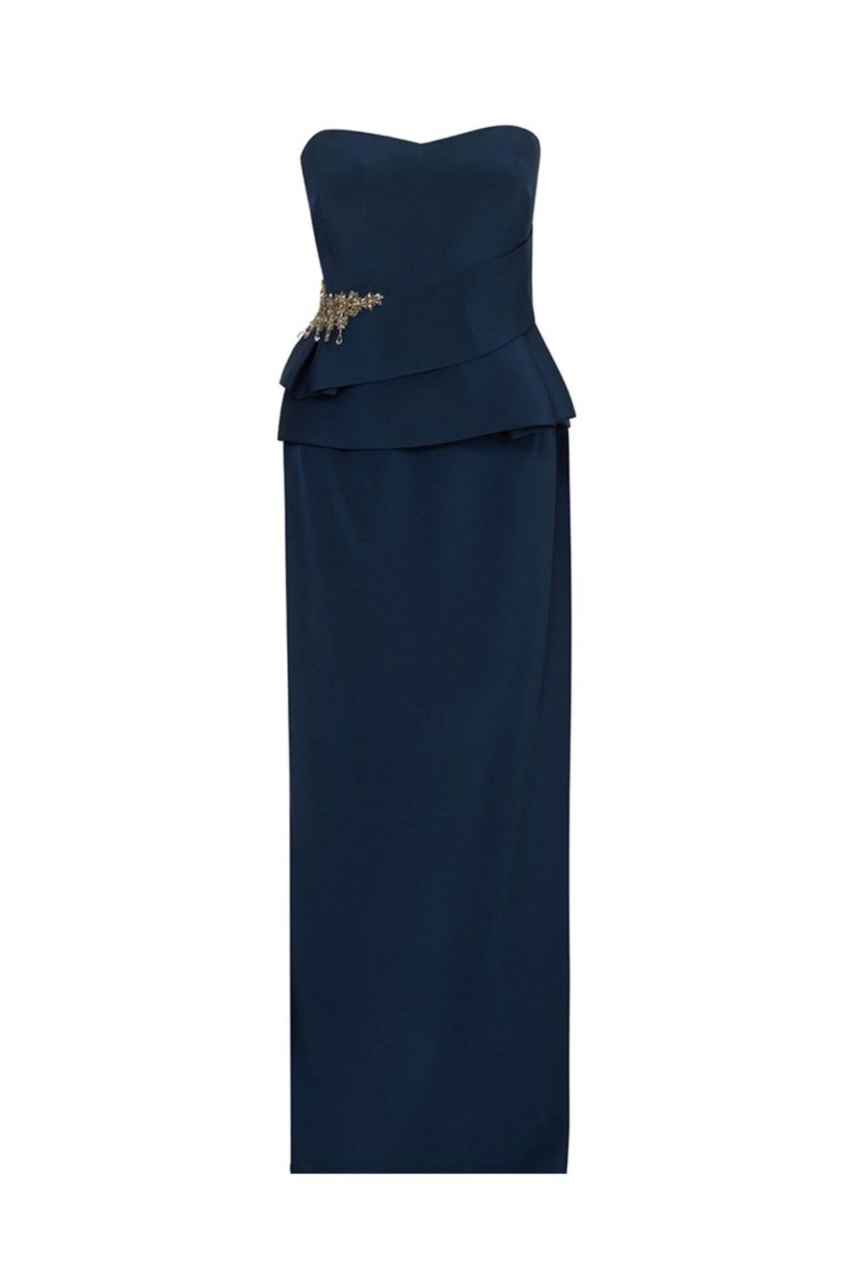 Marchesa Notte Straplez Taş İşlemeli Lacivert Uzun Kadın Elbise